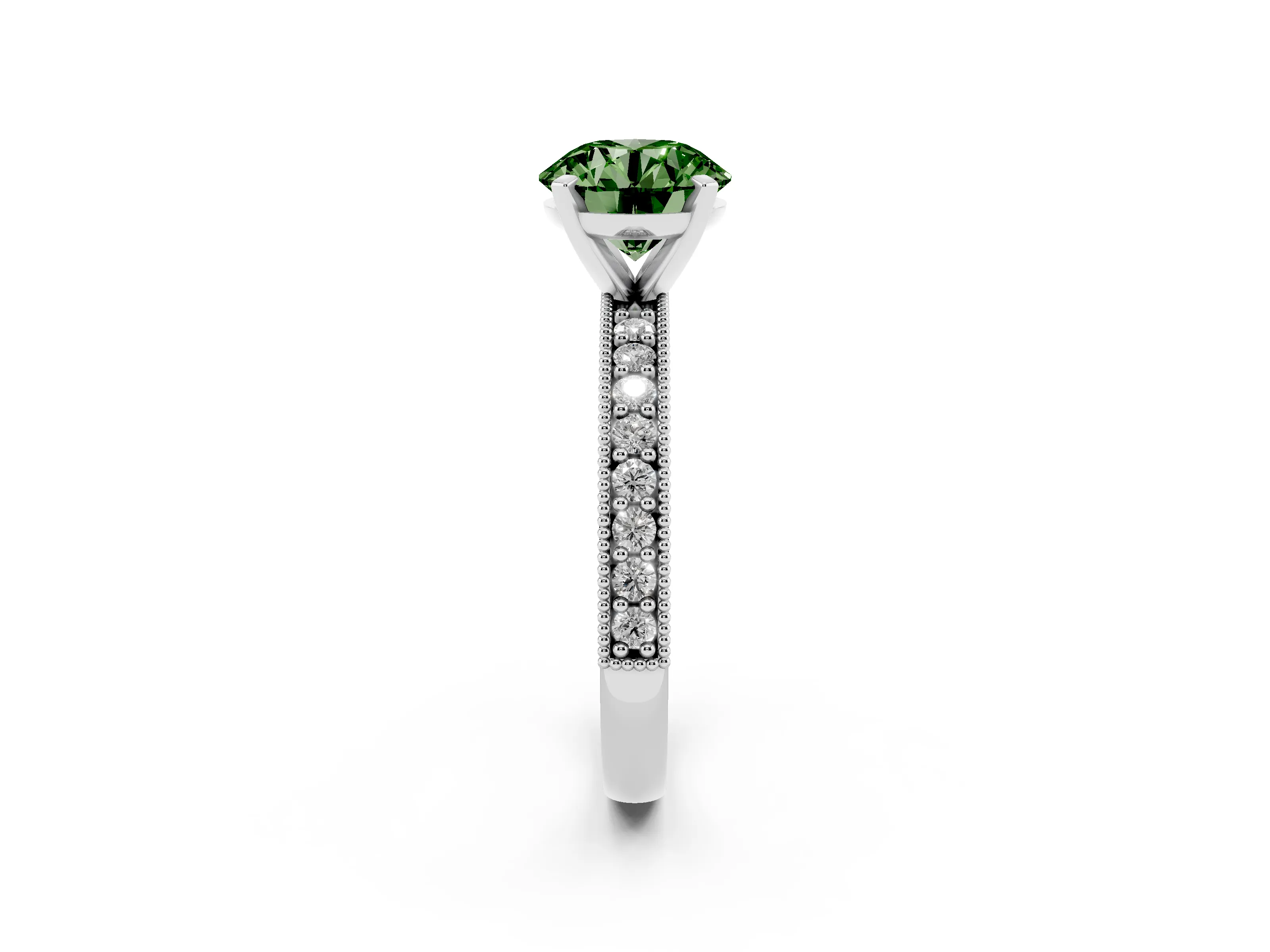 Fancy Green Round Cut Diamond Milgrain Pavé Engagement Ring Set in White gold with Prong Setting