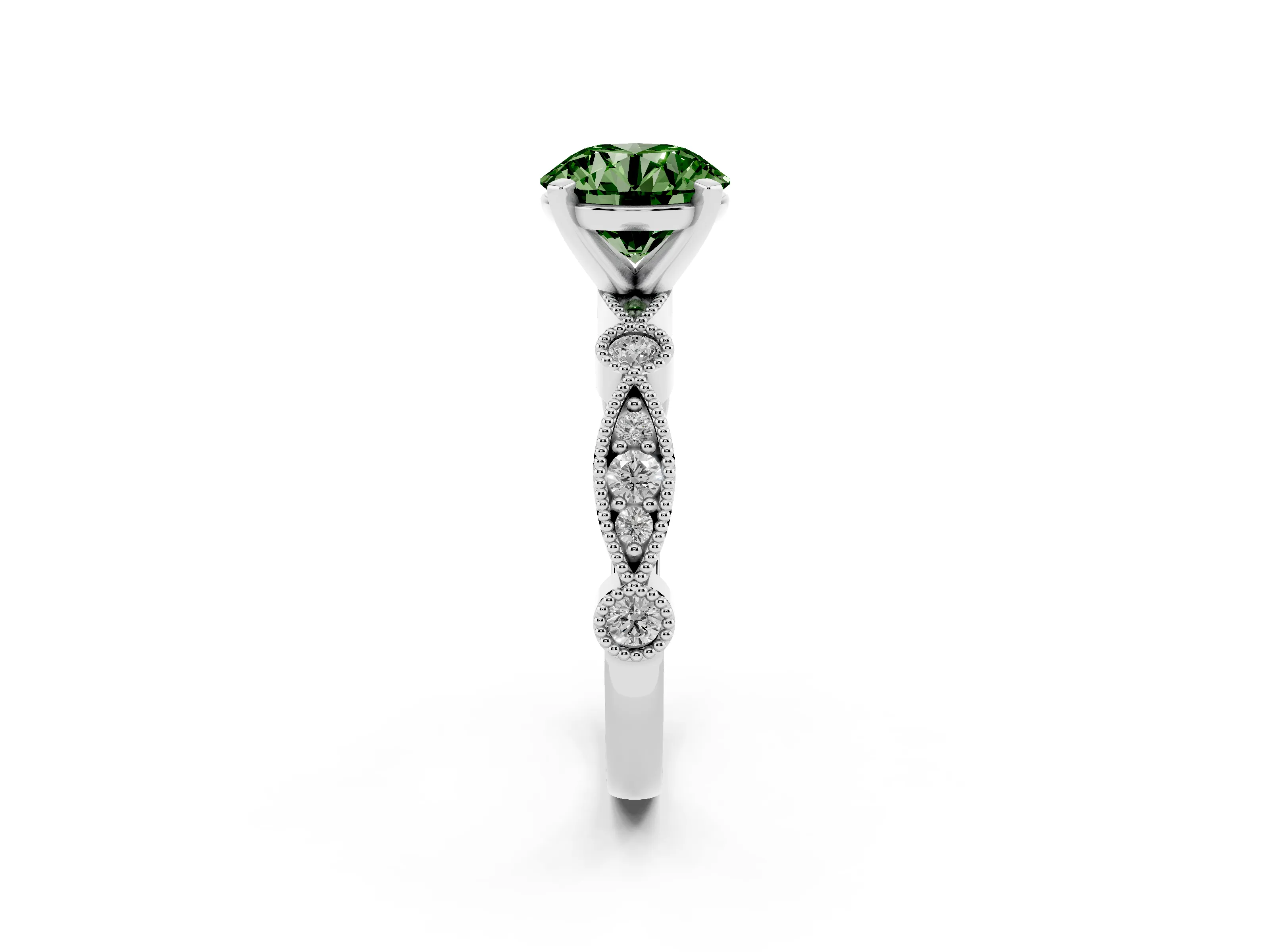 Fancy Green Round Cut Diamond Solitaire Engagement Ring Set in Silver with Milgrain Bezel Accent Band