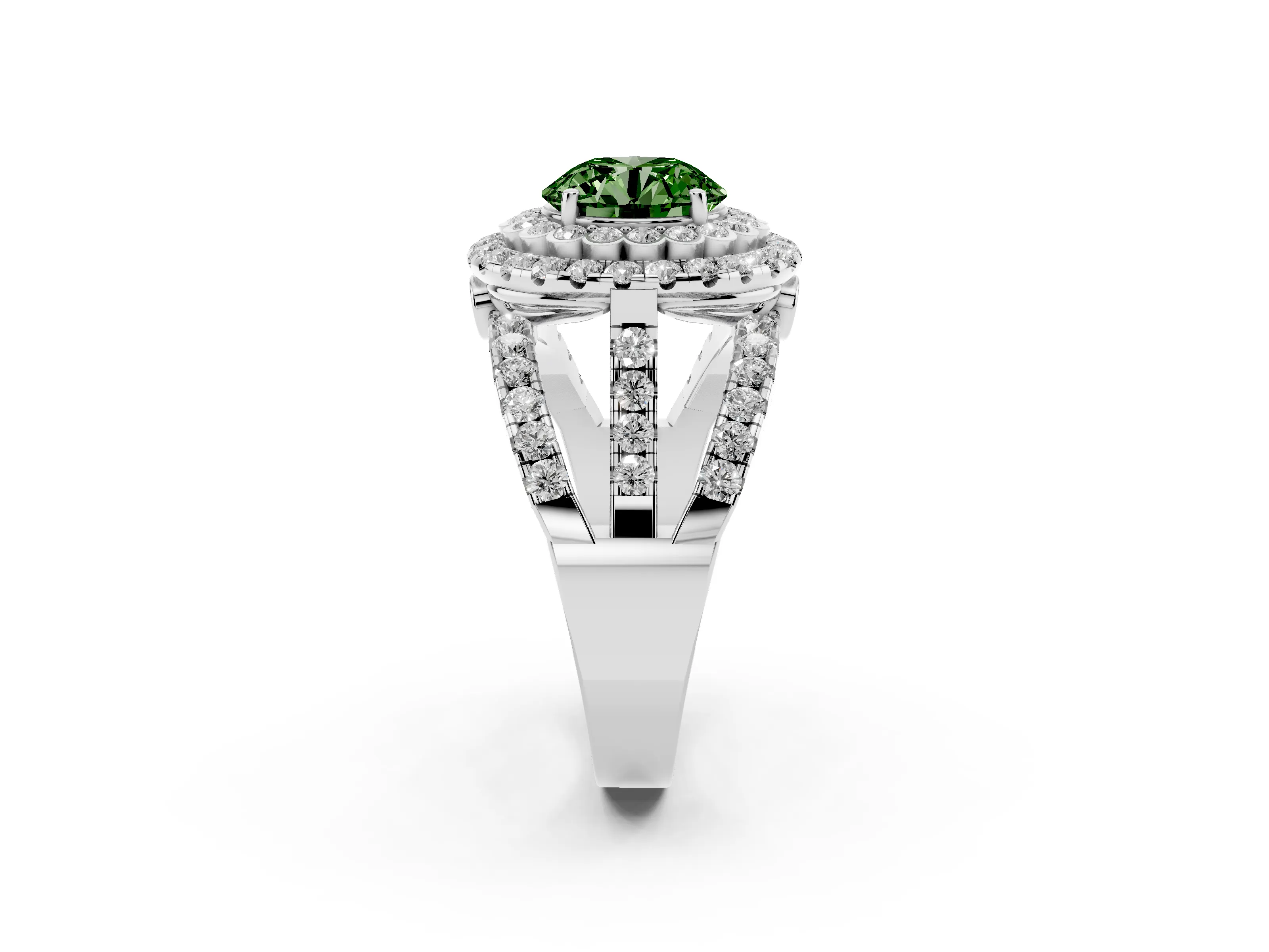 Fancy Green Round Cut Diamond Double Halo Ring Set in Silver with Round Pavé Split Shank