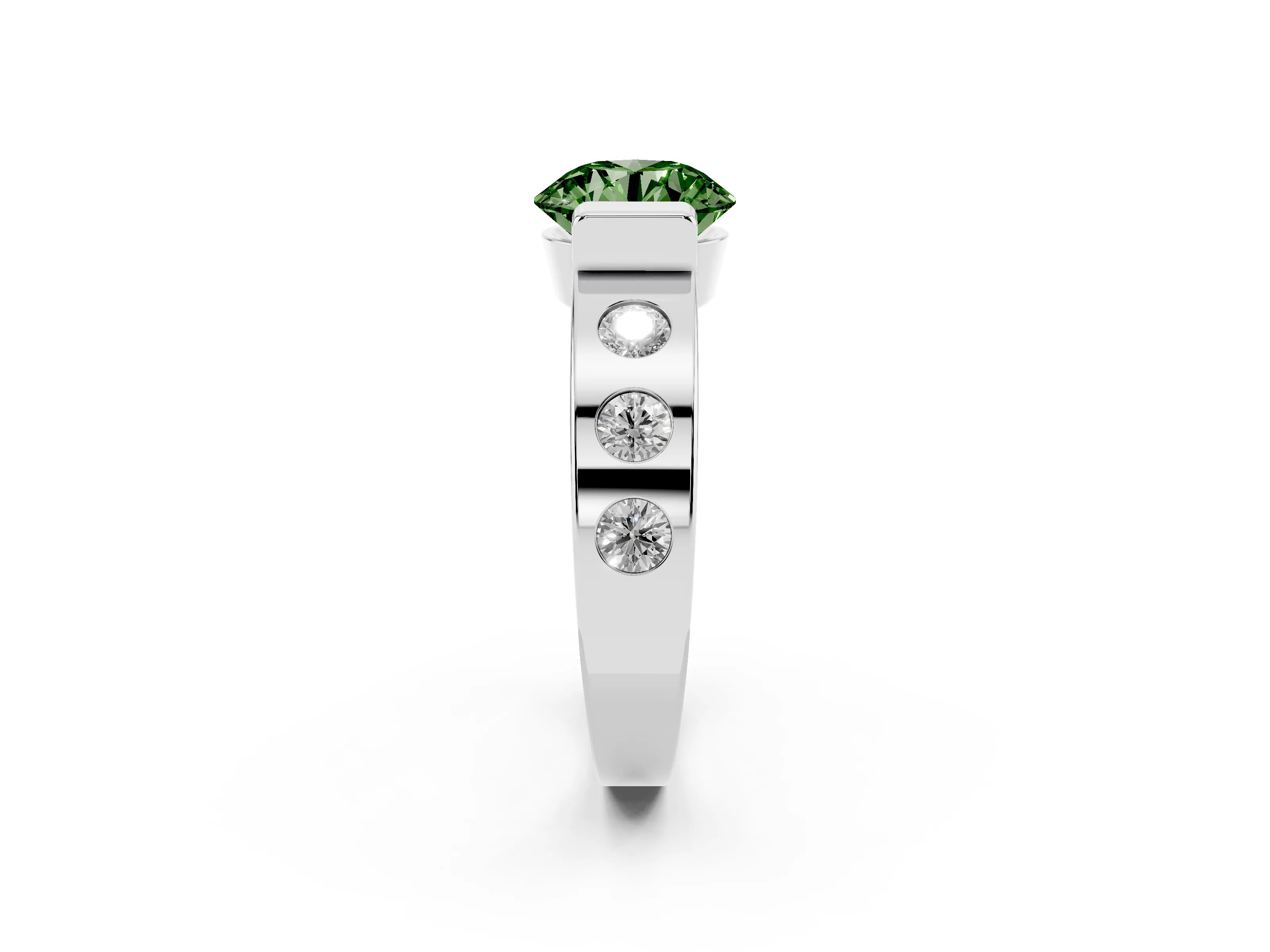 Fancy Green Round Cut Diamond Channel-Set Band Ring Set in Silver with Bezel Prong Setting