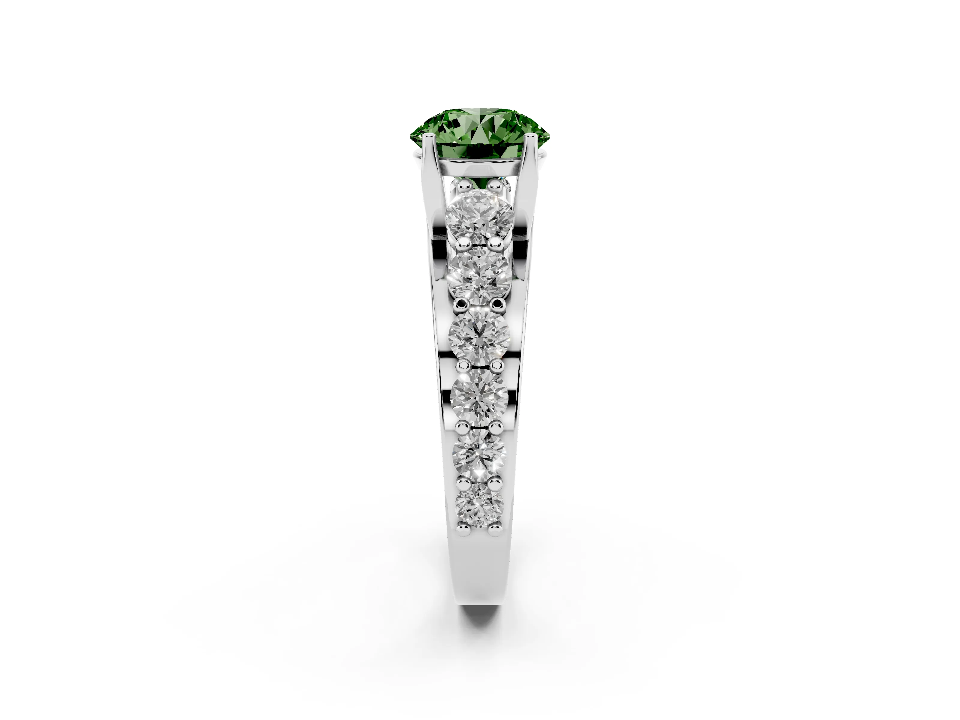Fancy Green Round Cut Diamond Pavé Engagement Ring Set in Silver with Prong Setting