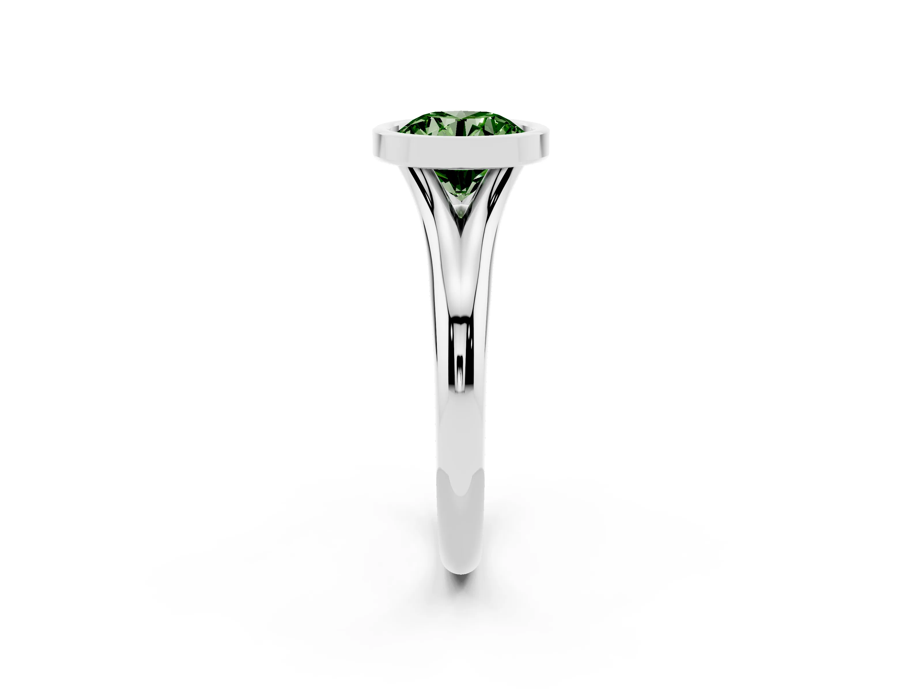 Fancy Green Bezel Set Round Cut Diamond Solitaire Ring Set in White gold with Smooth Band