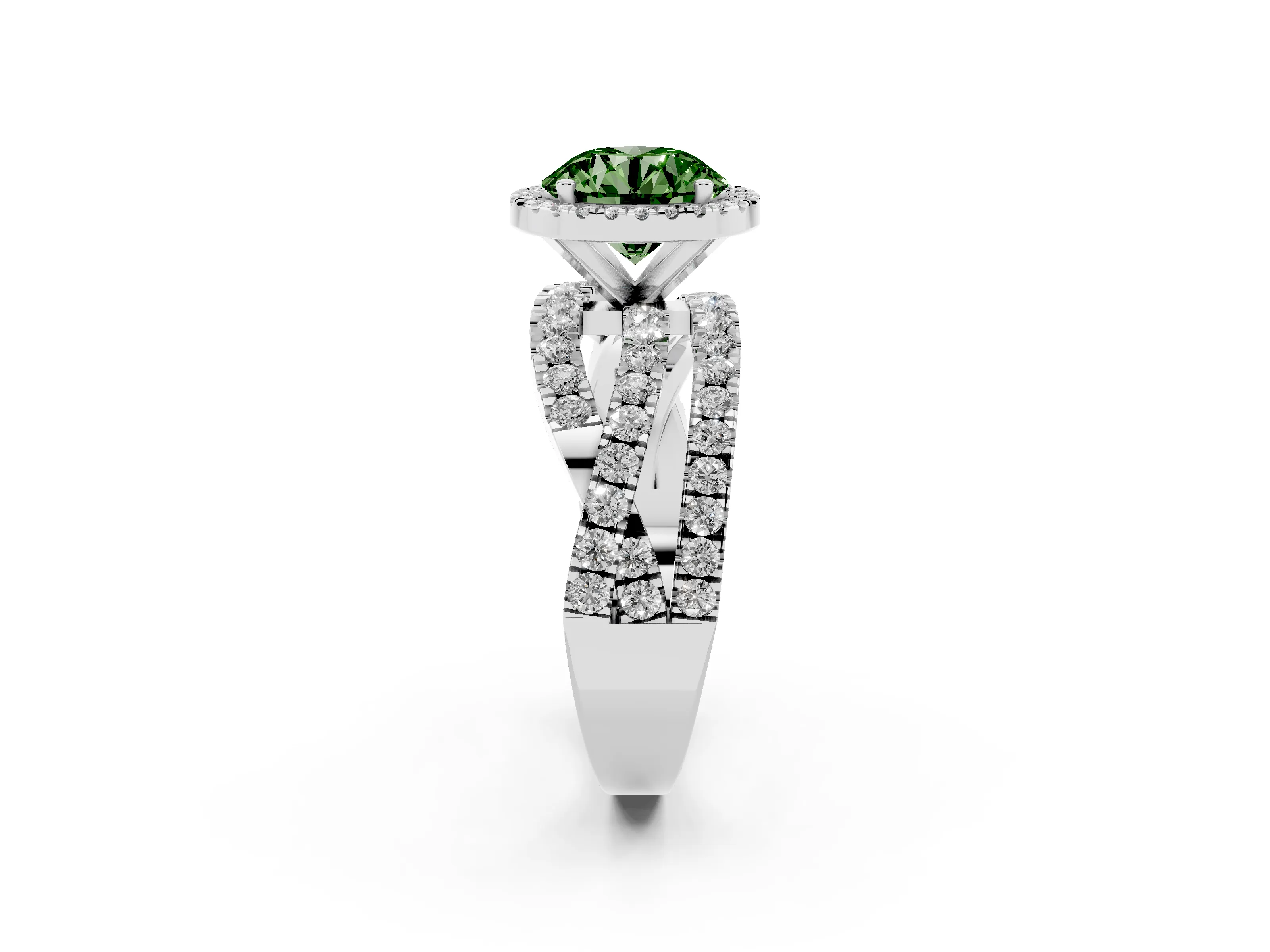 Fancy Green Round Cut Diamond Halo Ring Set in Platinum with Round Crossover Split Shank and Prong Setting