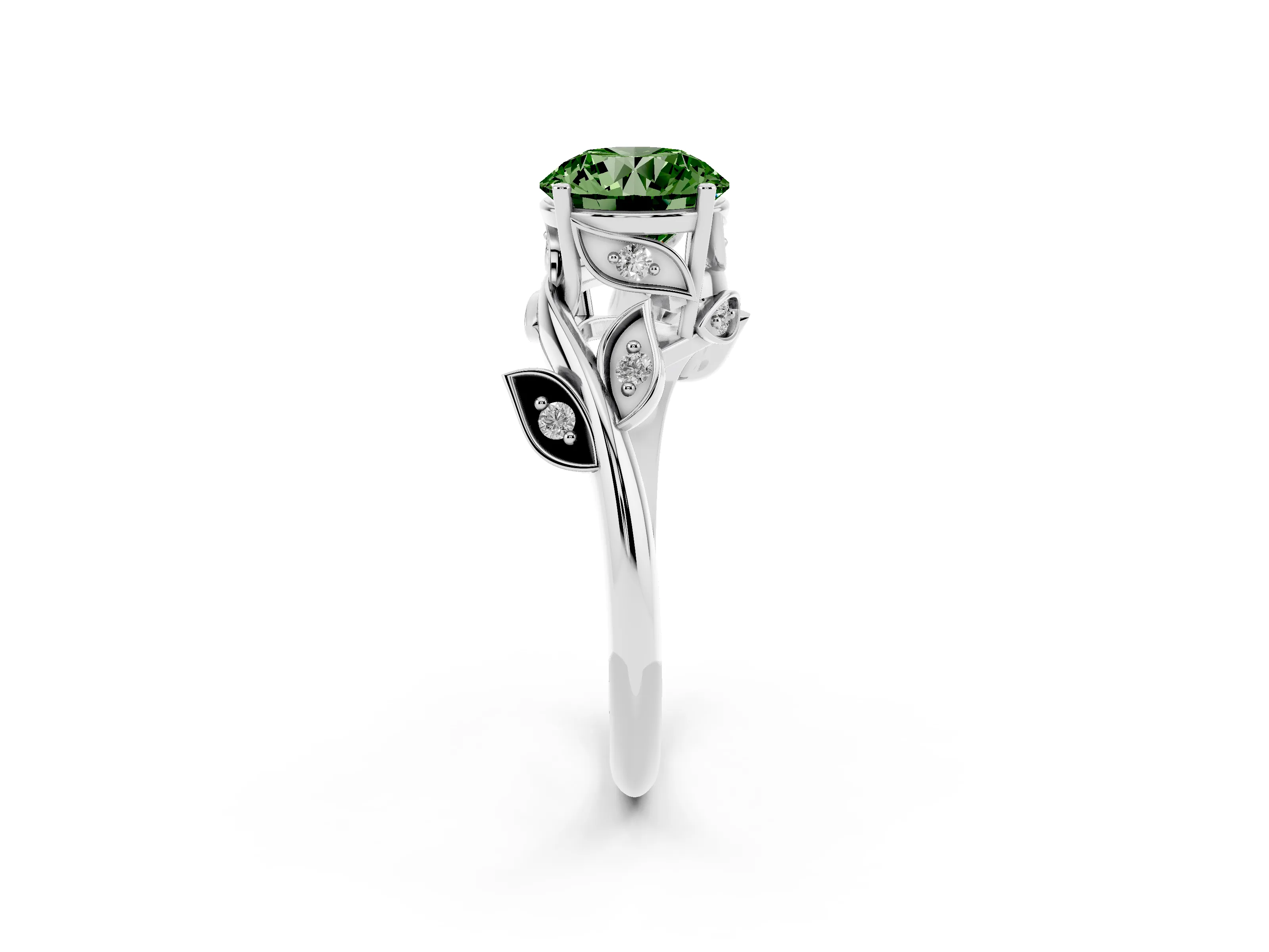 Fancy Green Round Cut Diamond Solitaire Twist Engagement Ring Set in Silver with Pavé Leaf Accents