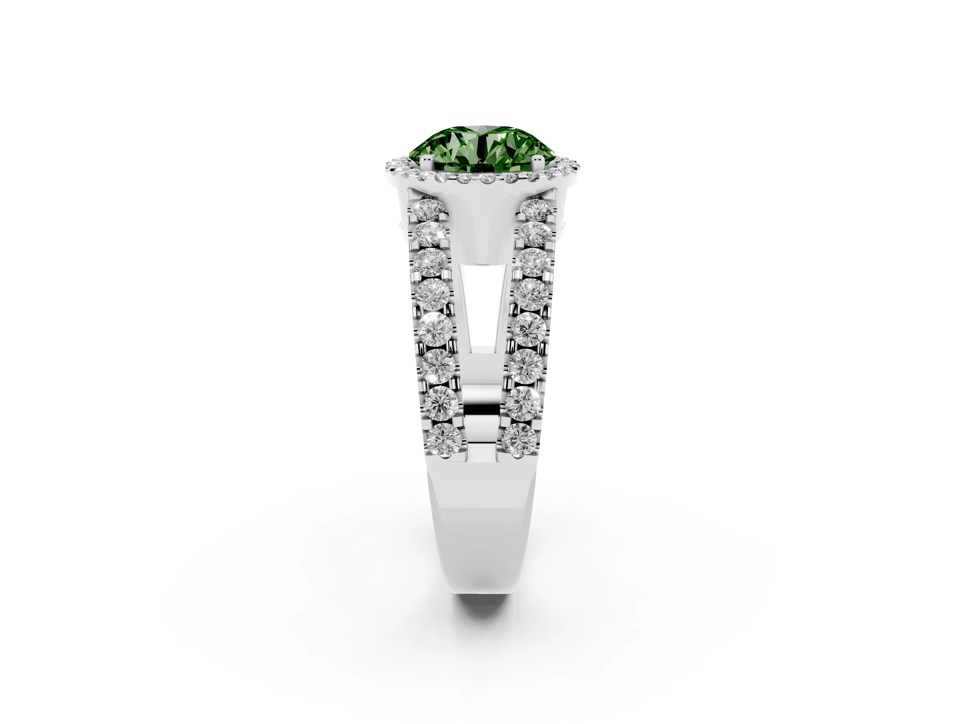 Fancy Green Round Cut Diamond Halo Ring Set in Silver with Pavé Split Shank and Prong Setting