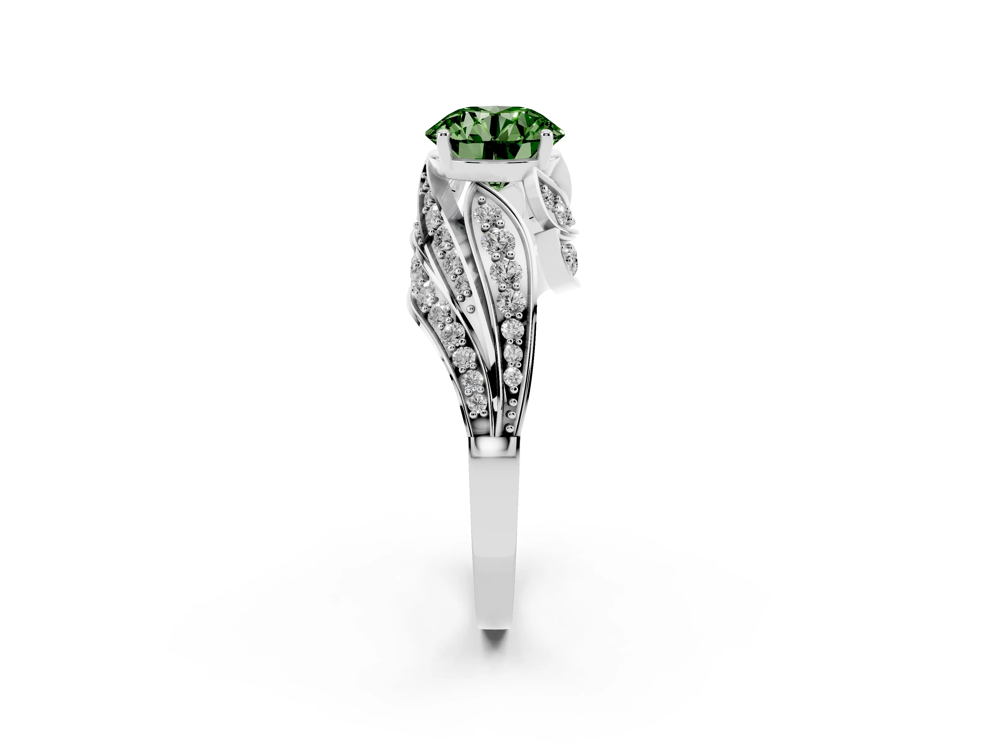 Fancy Green Round Cut Diamond Solitaire Ring Set in Silver with Layered Twist Pavé Band