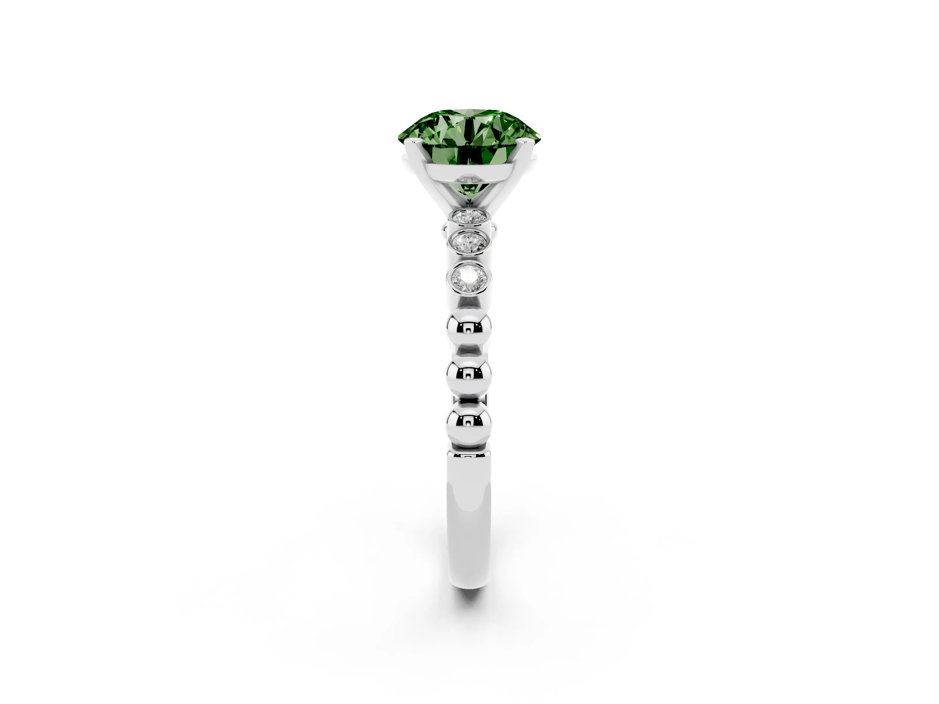 Fancy Green Round Cut Diamond Solitaire Engagement Ring Set in Platinum with Bezel Accents on Beaded Band