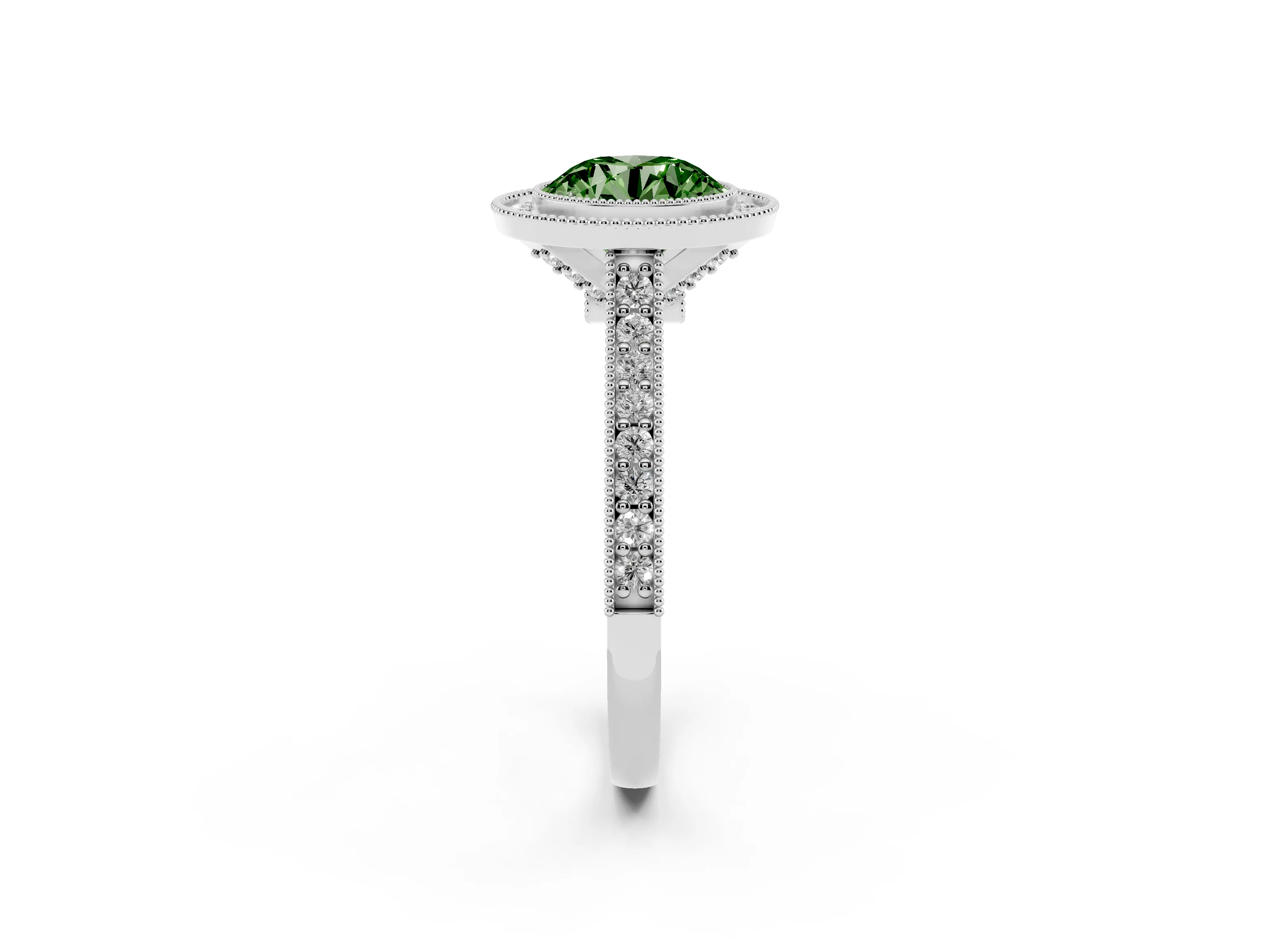 Fancy Green Round Cut Diamond Halo Milgrain Pavé Band Ring Set in Platinum with Prong Setting