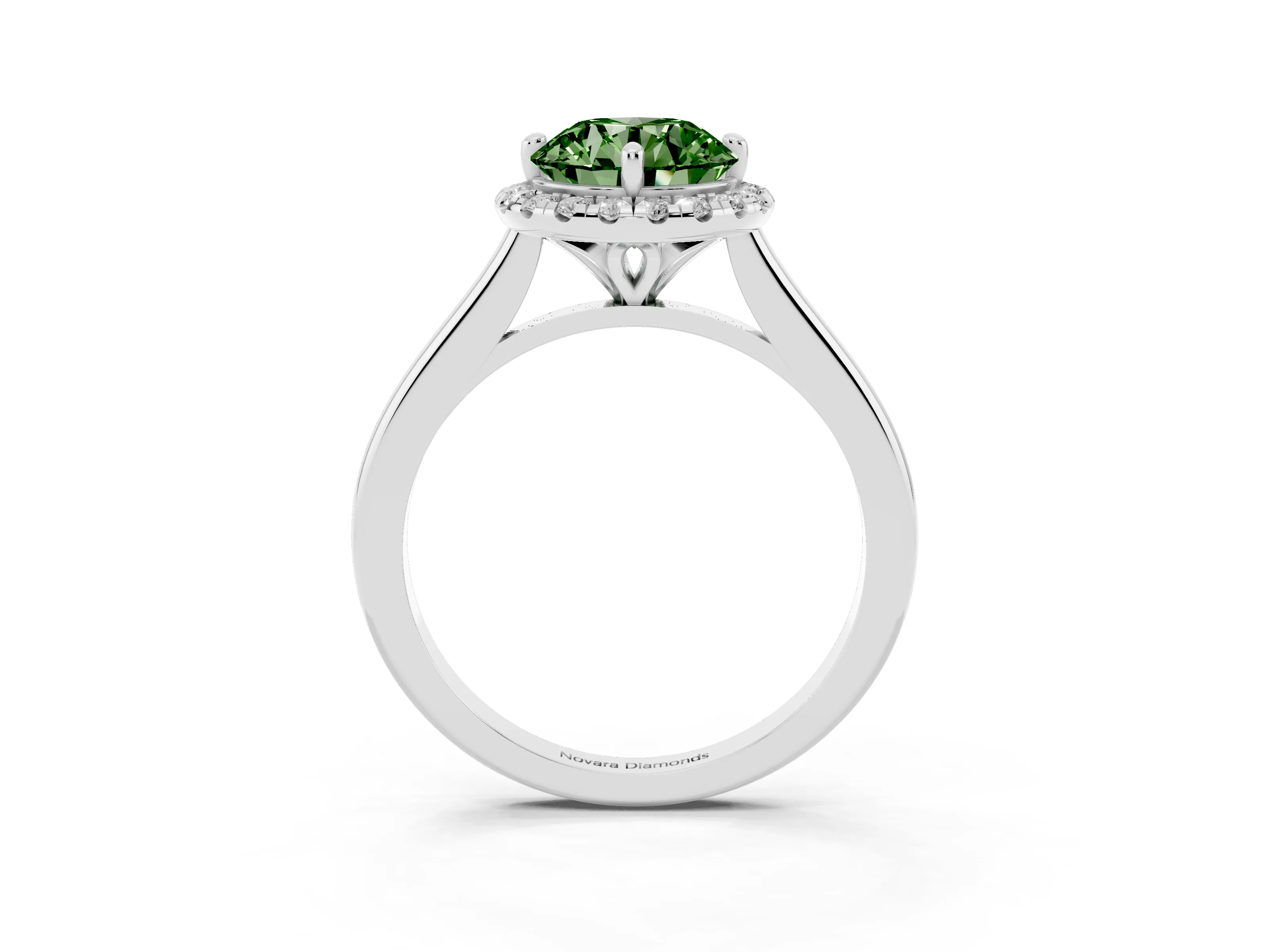 Fancy Green Round Cut Diamond Halo Engagement Ring Set in Platinum with Pavé Band and Rising Shoulders