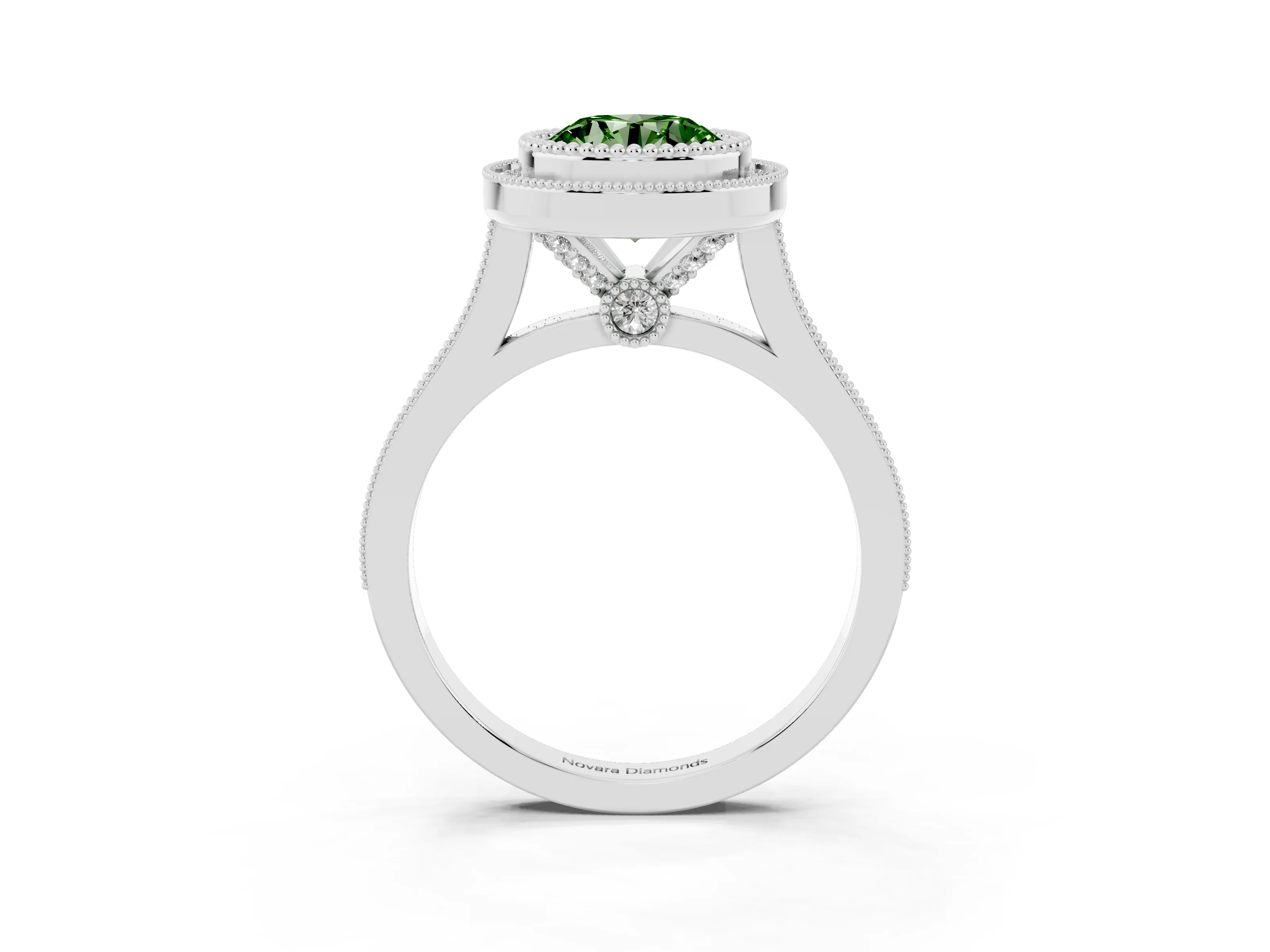 Fancy Green Round Cut Diamond Halo Ring Set in White gold with Milgrain Frame and Pavé Band