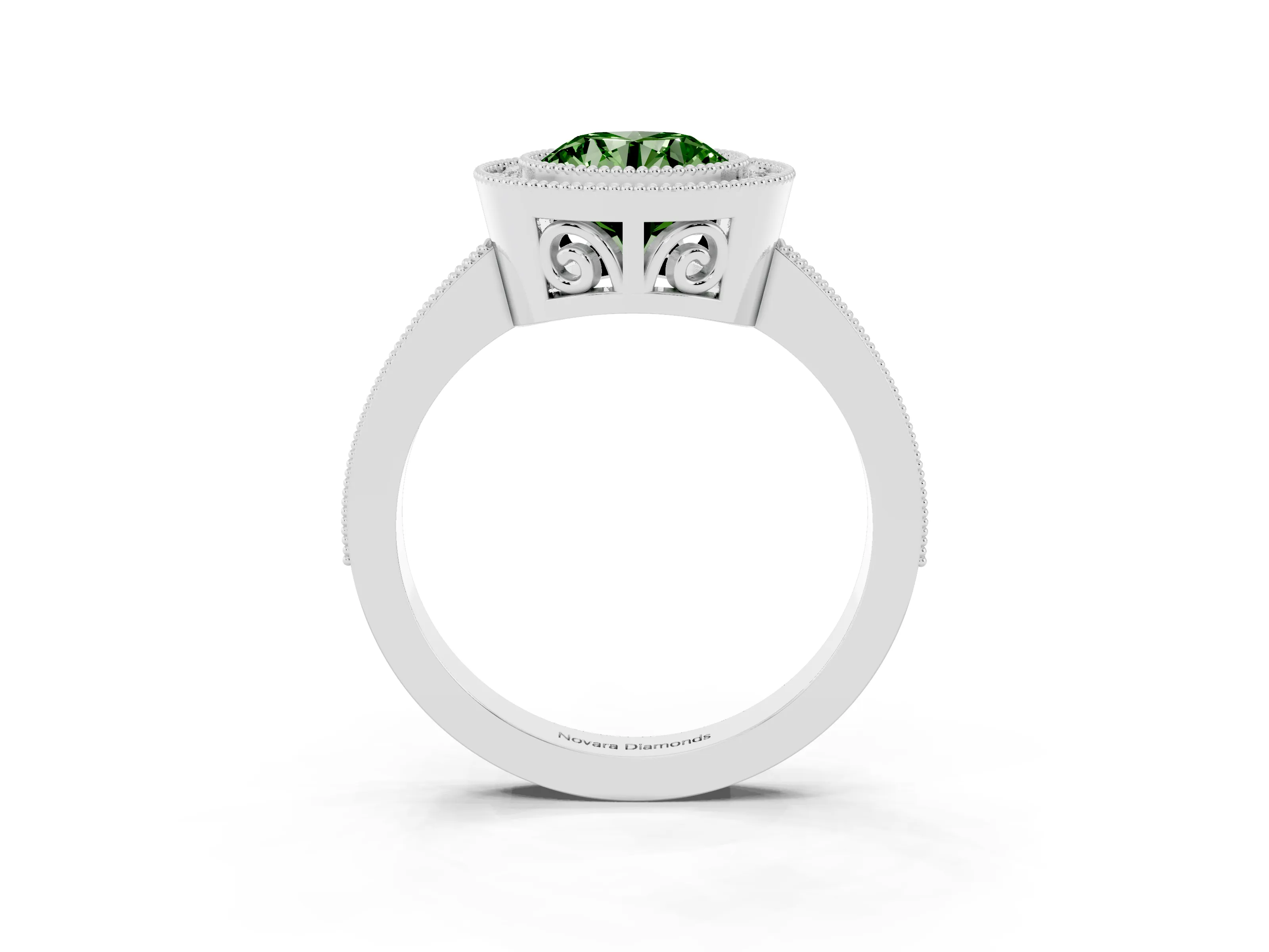 Fancy Green Round Cut Diamond Round Halo Ring Set in White gold with Pavé Band