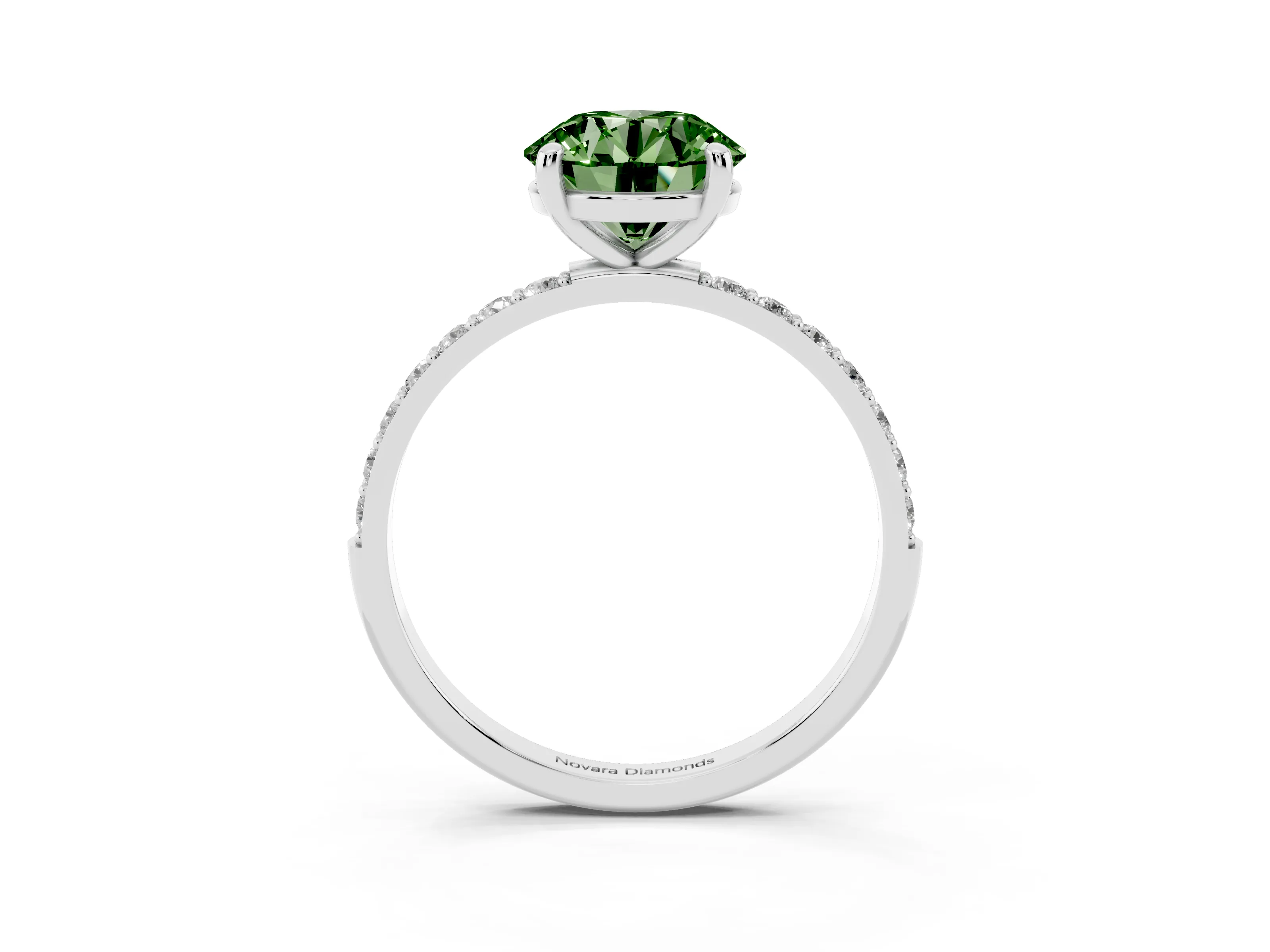 Fancy Green Round Cut Diamond Solitaire Ring Set in Platinum with Round Pavé Band and Prong Setting