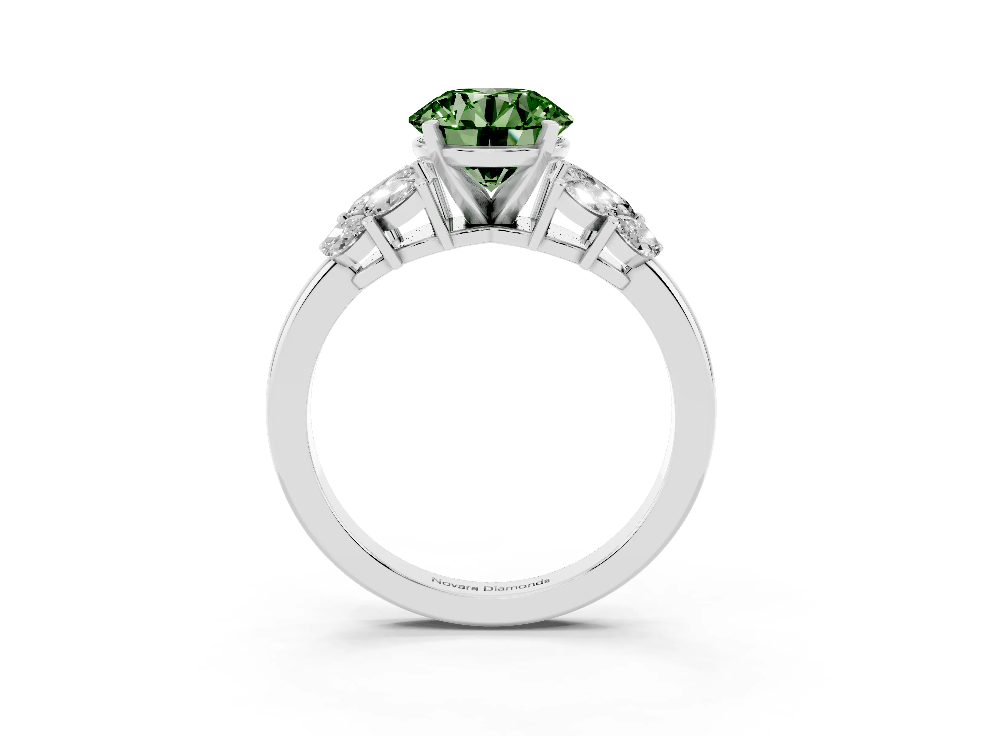 Fancy Green Round Cut Diamond Cluster Leaf Design Ring Set in Silver with Prong Setting
