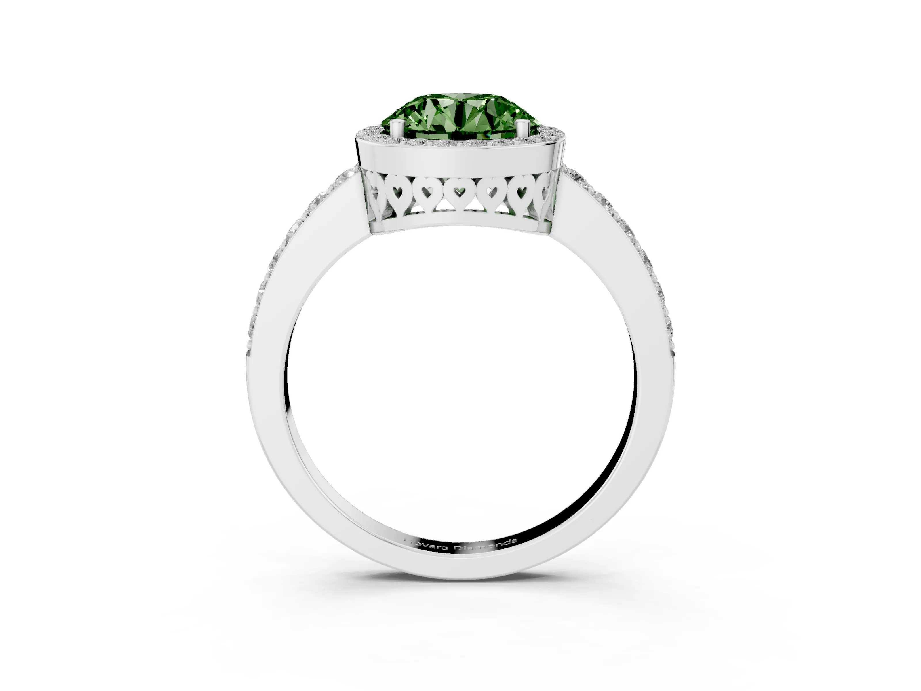 Fancy Green Round Cut Diamond Halo Ring Set in White gold with Pavé-Setting Band and Open Prong Center