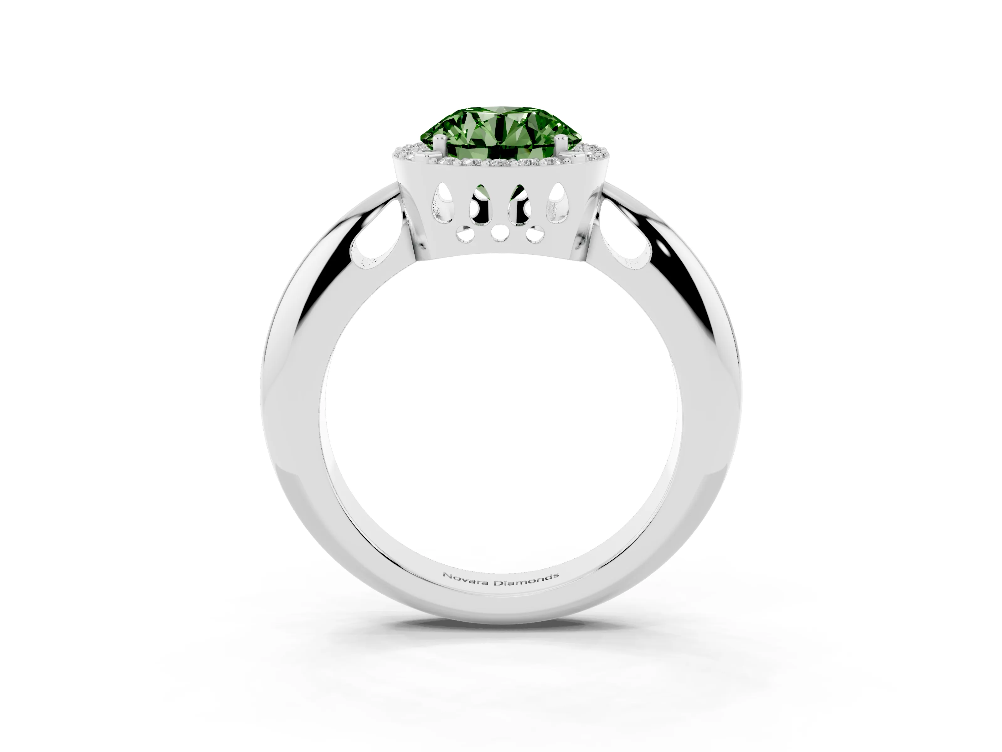 Fancy Green Round Cut Diamond Halo Engagement Ring Set in Silver with Plain Split Shank and Prong Setting