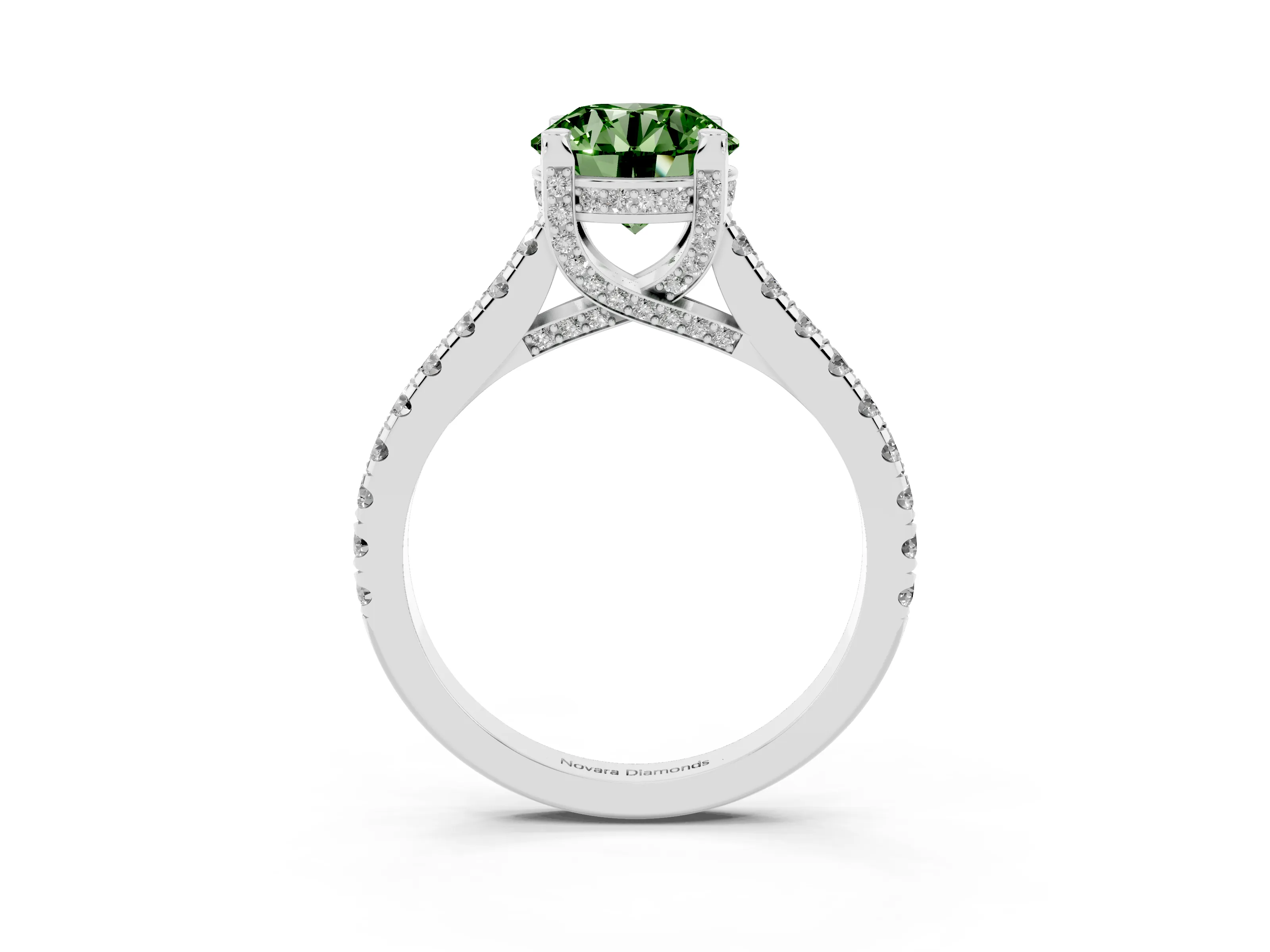 Fancy Green Round Cut Diamond Solitaire Ring Set in Platinum with Brilliant Pavé Band and Prong Setting