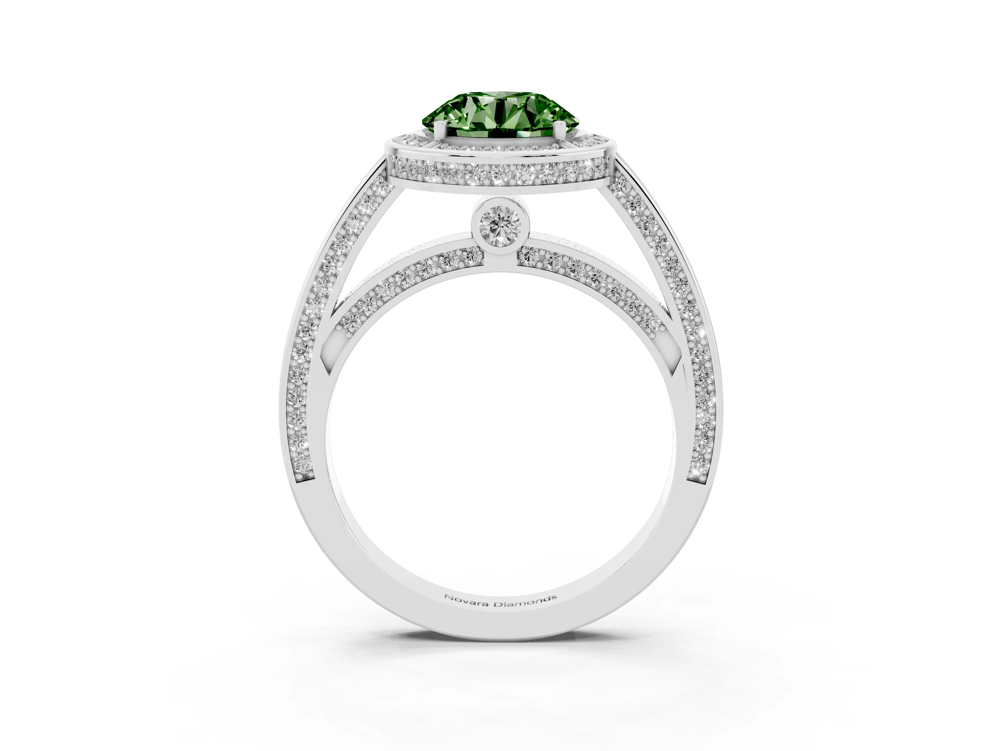 Fancy Green Round Cut Diamond Halo Pavé Split Shank Ring Set in White gold with Prong Setting