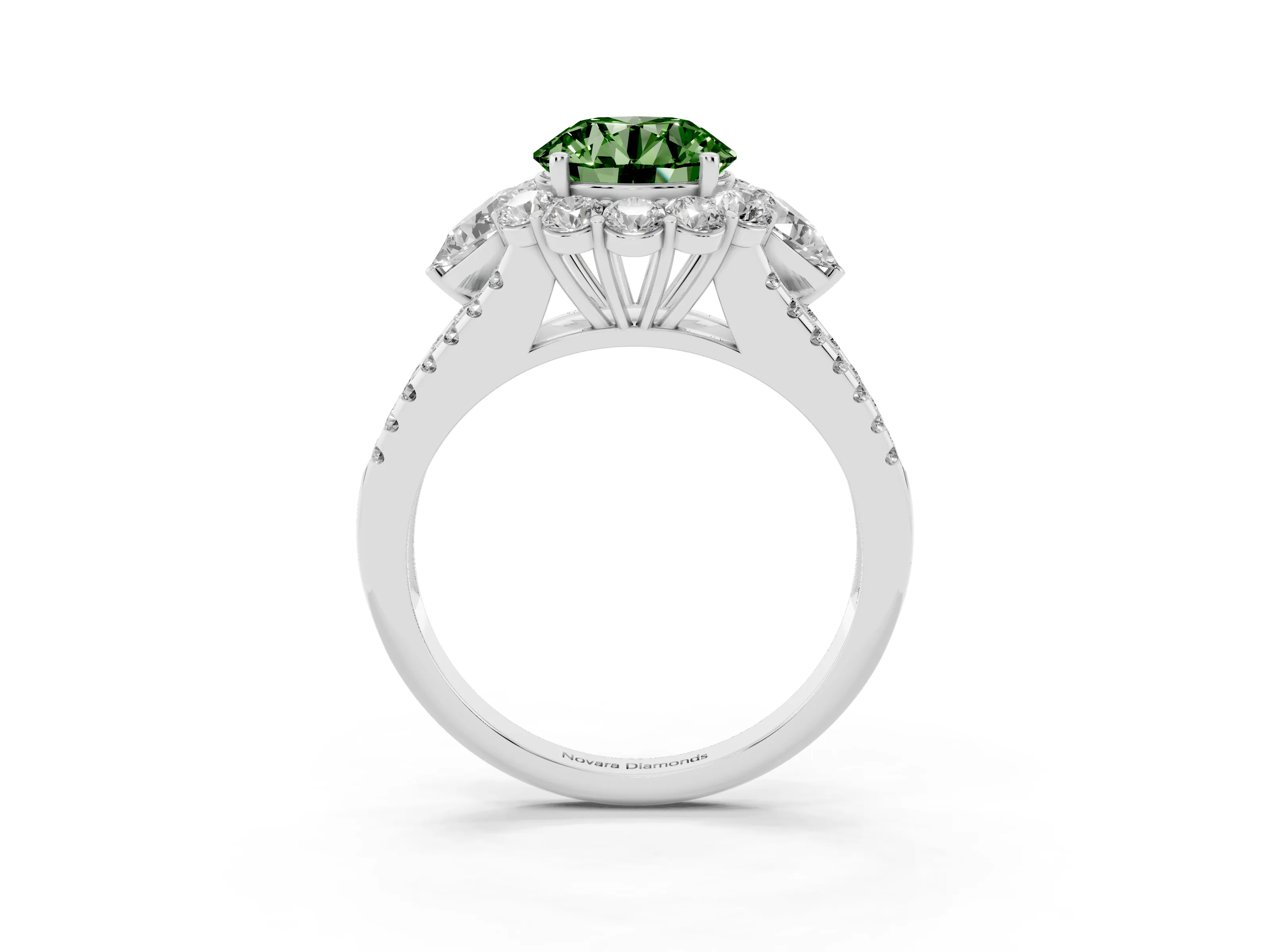 Fancy Green Round Cut Diamond Halo Split Shank Engagement Ring Set in Platinum with Prong-Held Center Stone