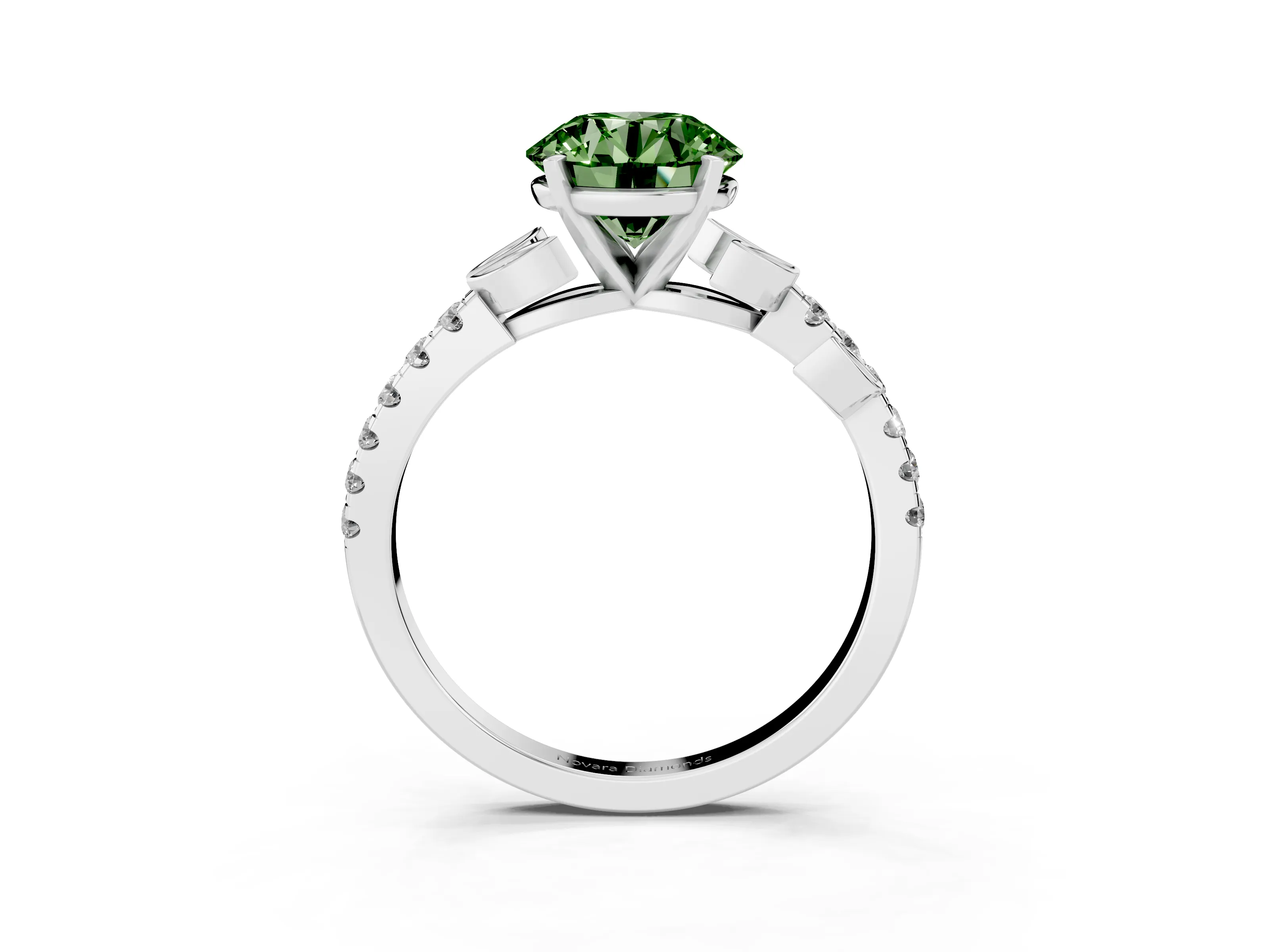 Fancy Green Round Cut Diamond Solitaire Leaf-Inspired Ring Set in Platinum with Pavé Band and Prong Setting