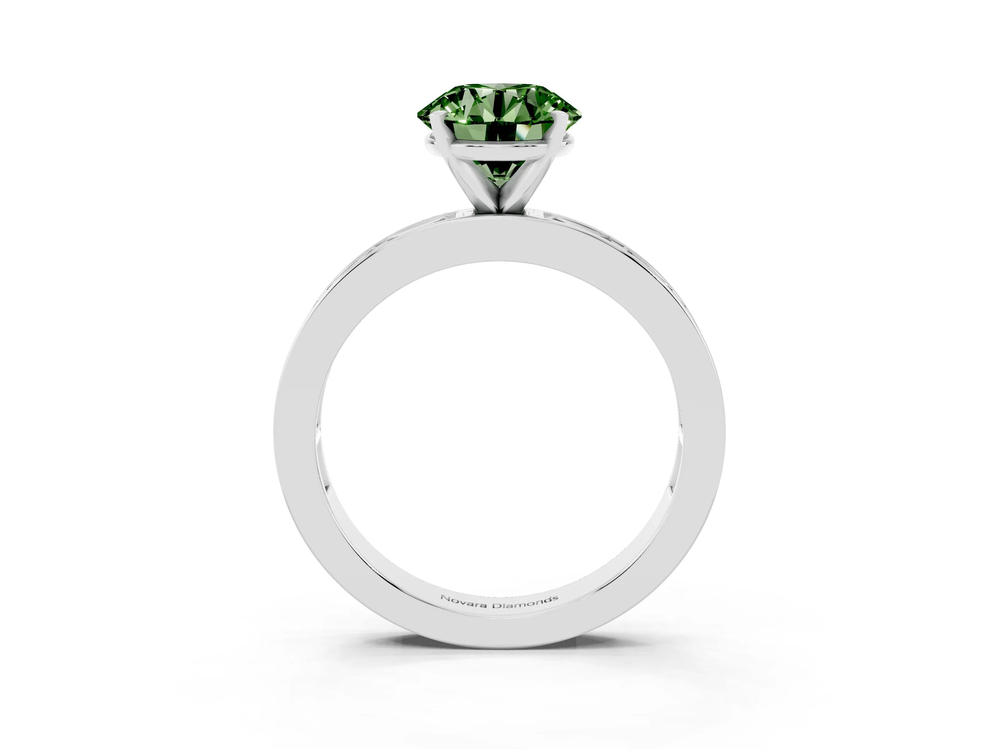 Fancy Green Round Cut Diamond Solitaire Ring Set in Platinum with Channel-Set Baguette Band and Prong Setting