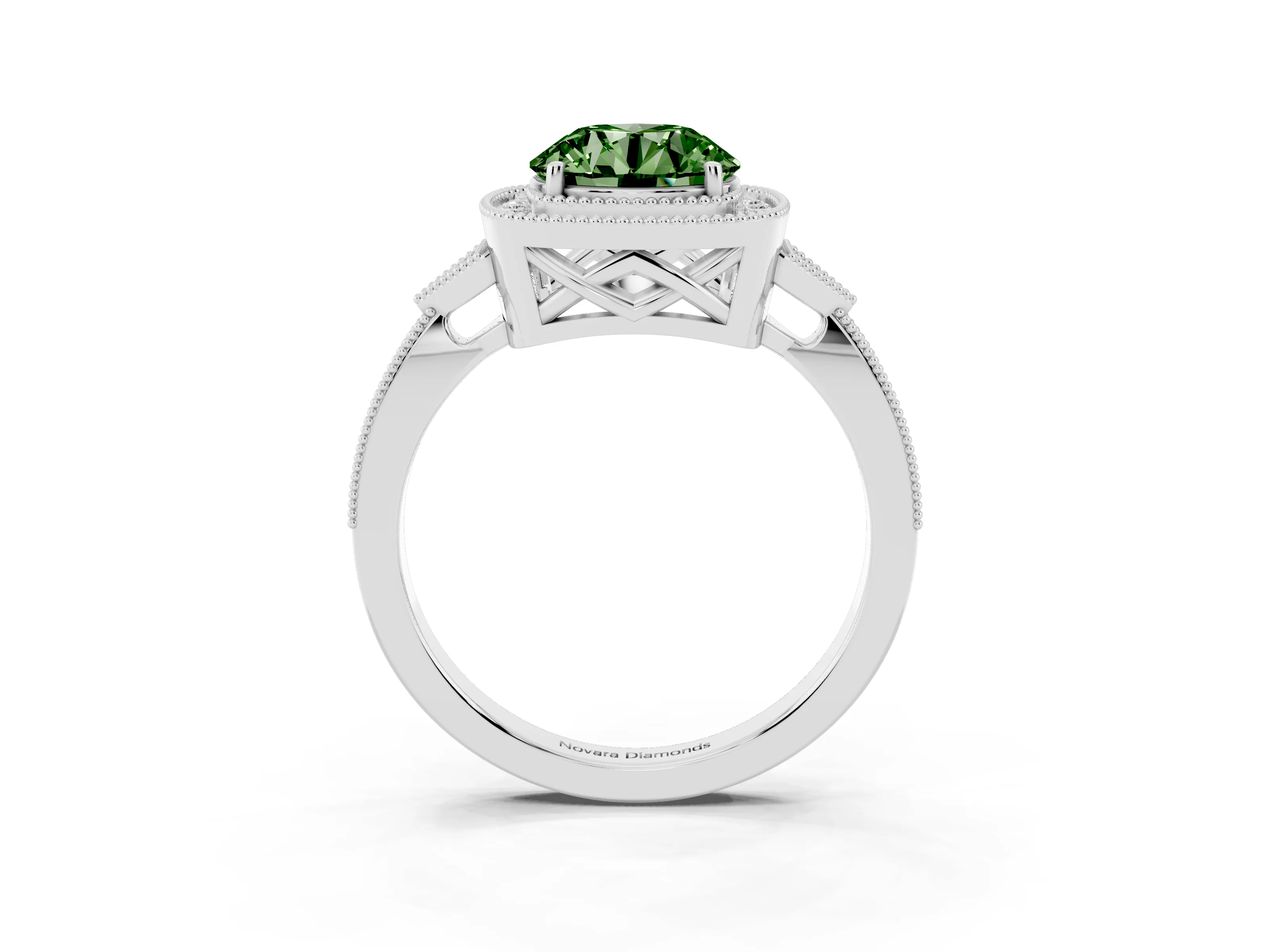 Fancy Green Round Cut Diamond Halo Engagement Ring Set in Platinum with Milgrain Pavé Band