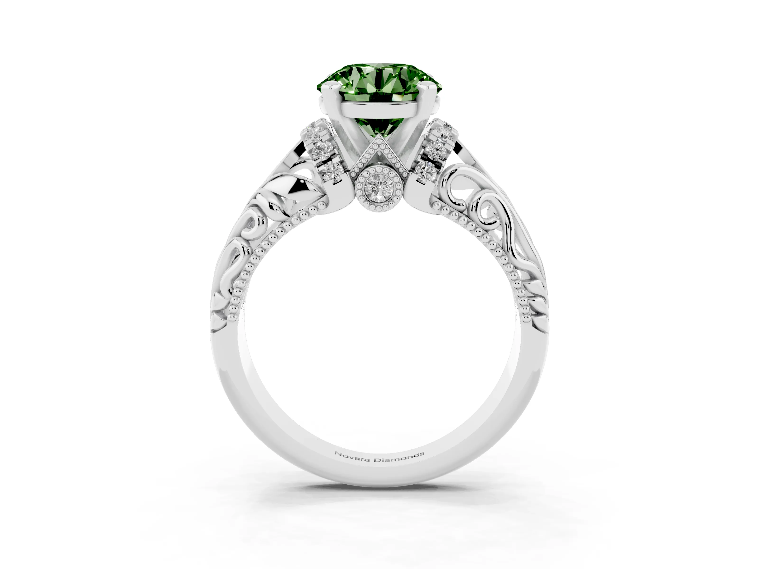 Fancy Green Round Cut Diamond Filigree Halo Engagement Ring Set in Silver with Prong Setting