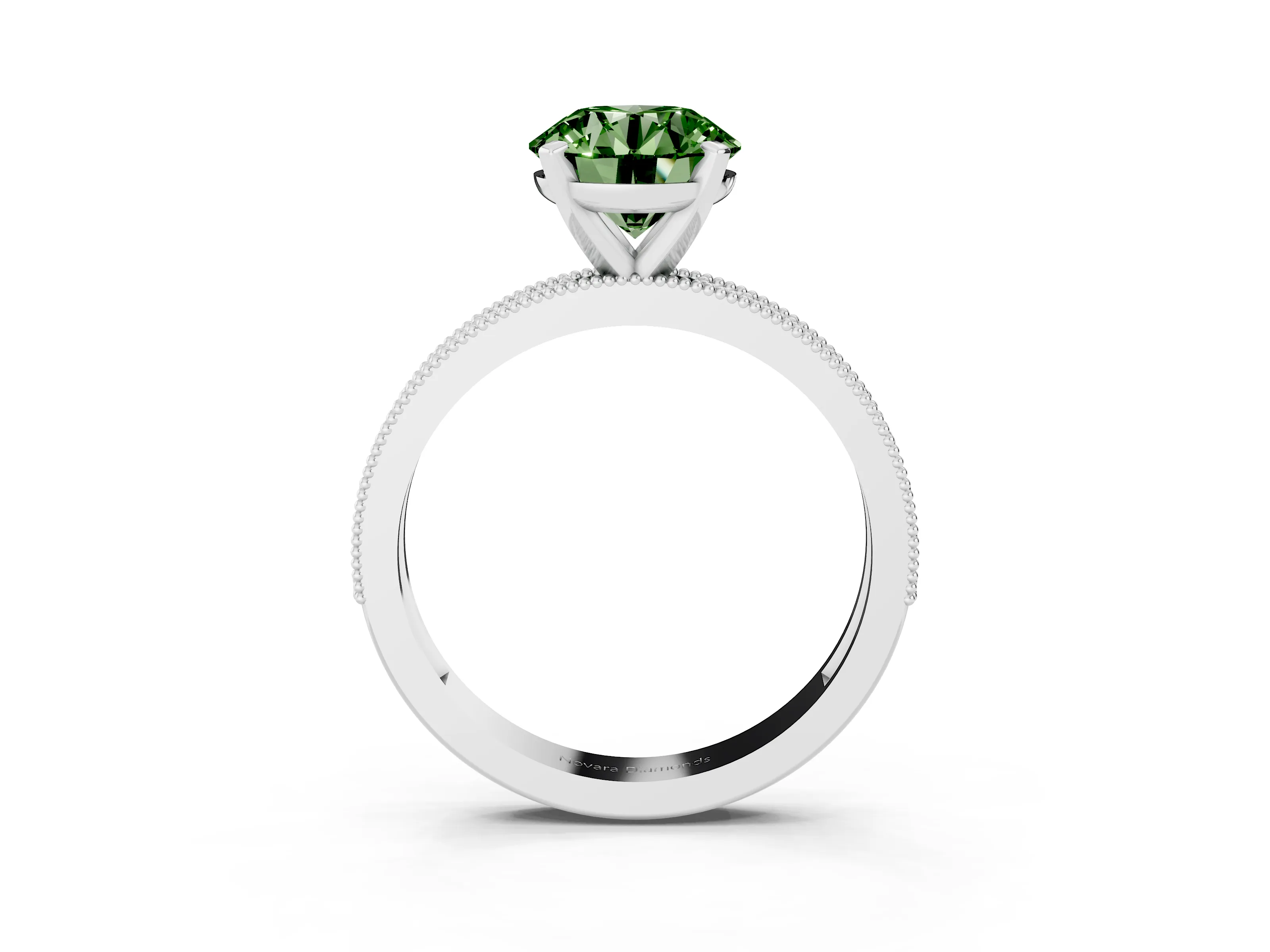 Fancy Green Round Cut Diamond Milgrain Pavé Engagement Ring Set in White gold with Prong Setting