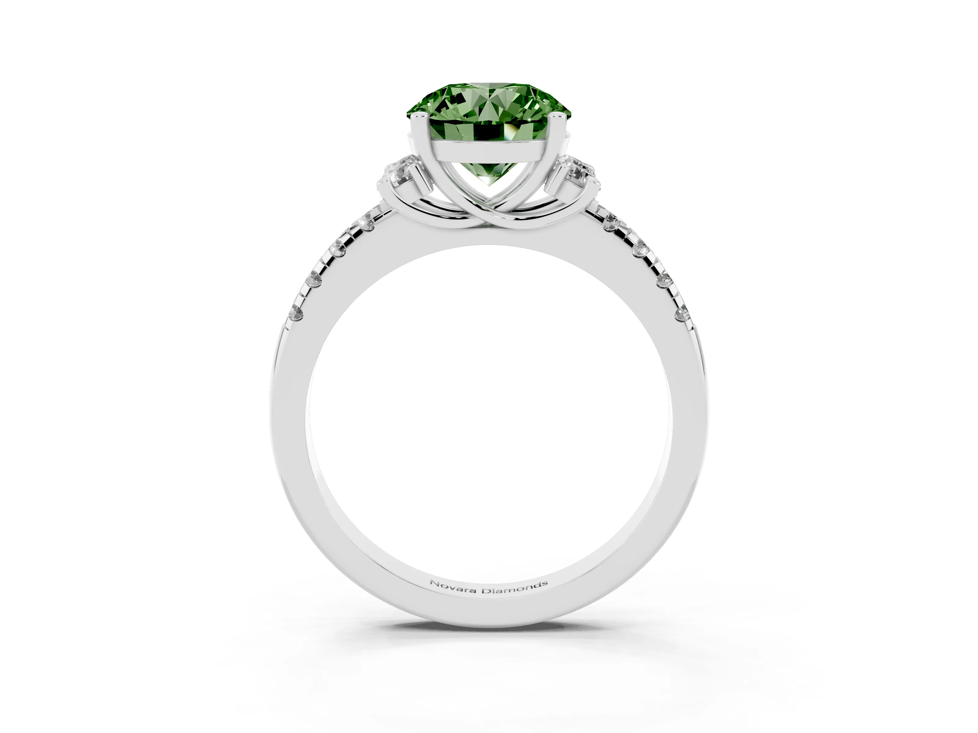 Fancy Green Round Cut Diamond Three-Stone Pavé Ring Set in White gold with Prong Setting
