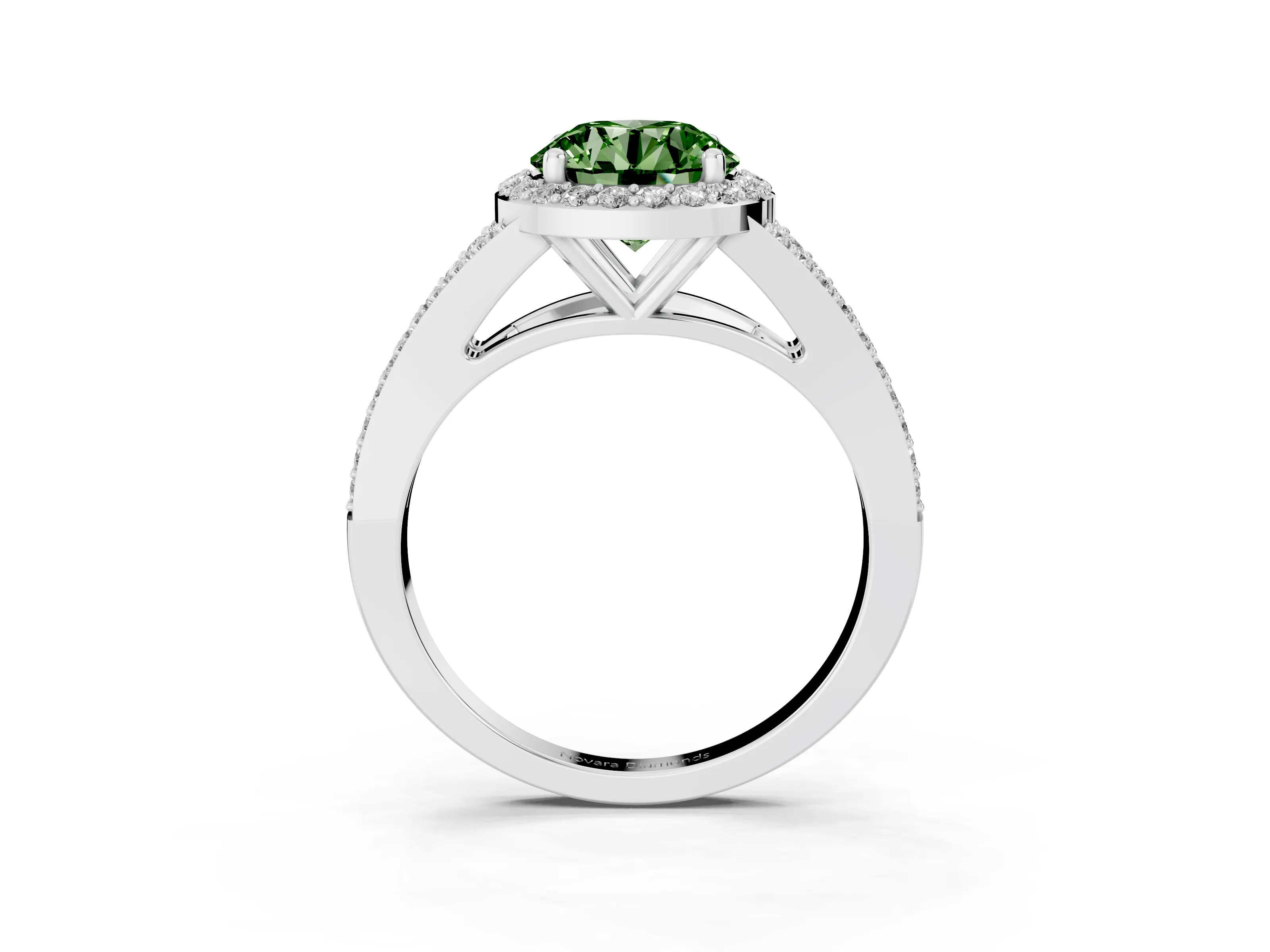 Fancy Green Round Cut Diamond Halo Split Shank Pavé Ring Set in Platinum with Prong Setting