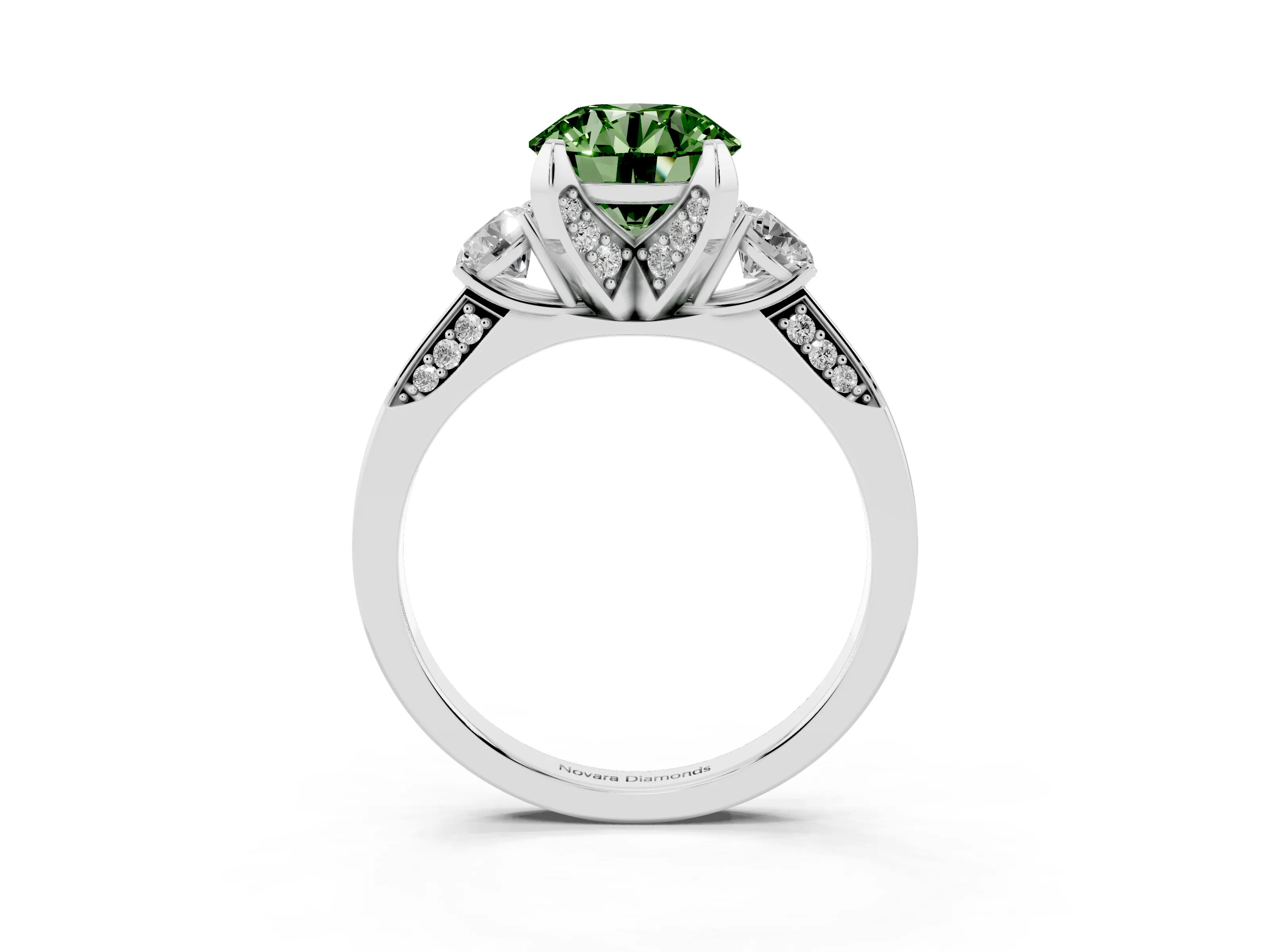 Fancy Green Round Cut Diamond Three-Stone Ring Set in Platinum with Pavé Band and Smaller Side Stones