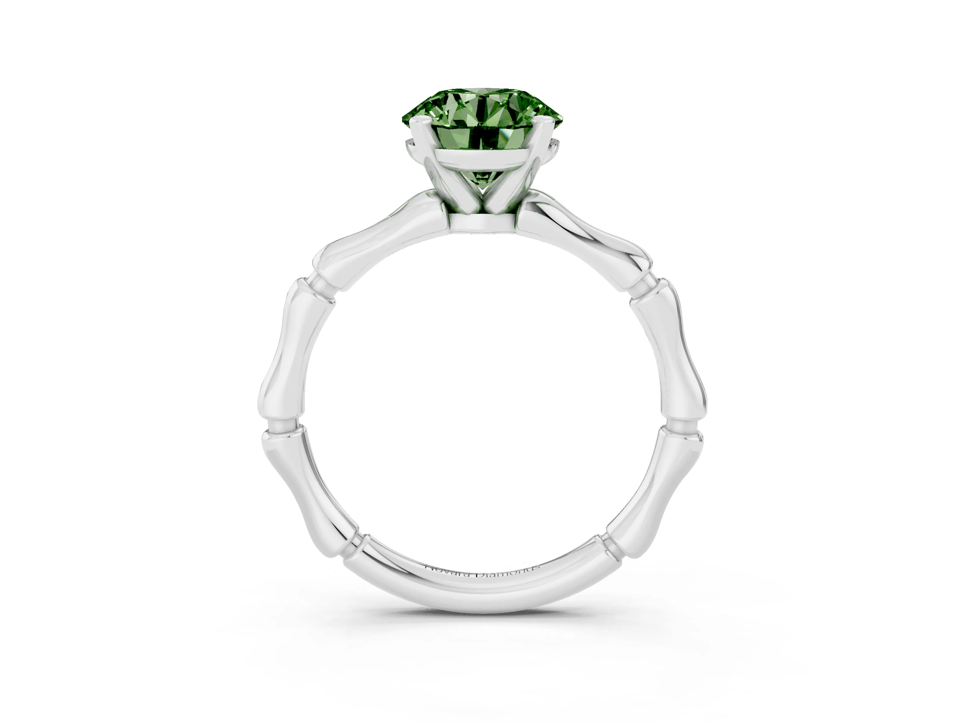 Fancy Green Round Cut Diamond Solitaire Ring Set in Silver with Bamboo Band and Prong Setting