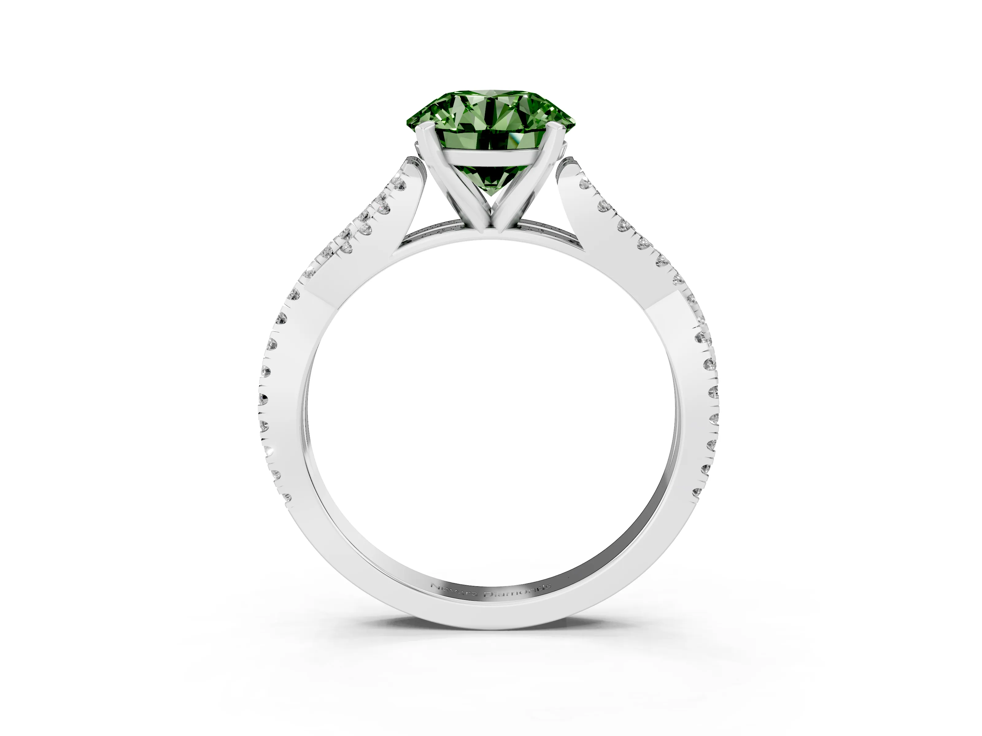 Fancy Green Round Cut Diamond Solitaire Engagement Ring Set in Platinum with Twisted Pavé Band and Prong Setting