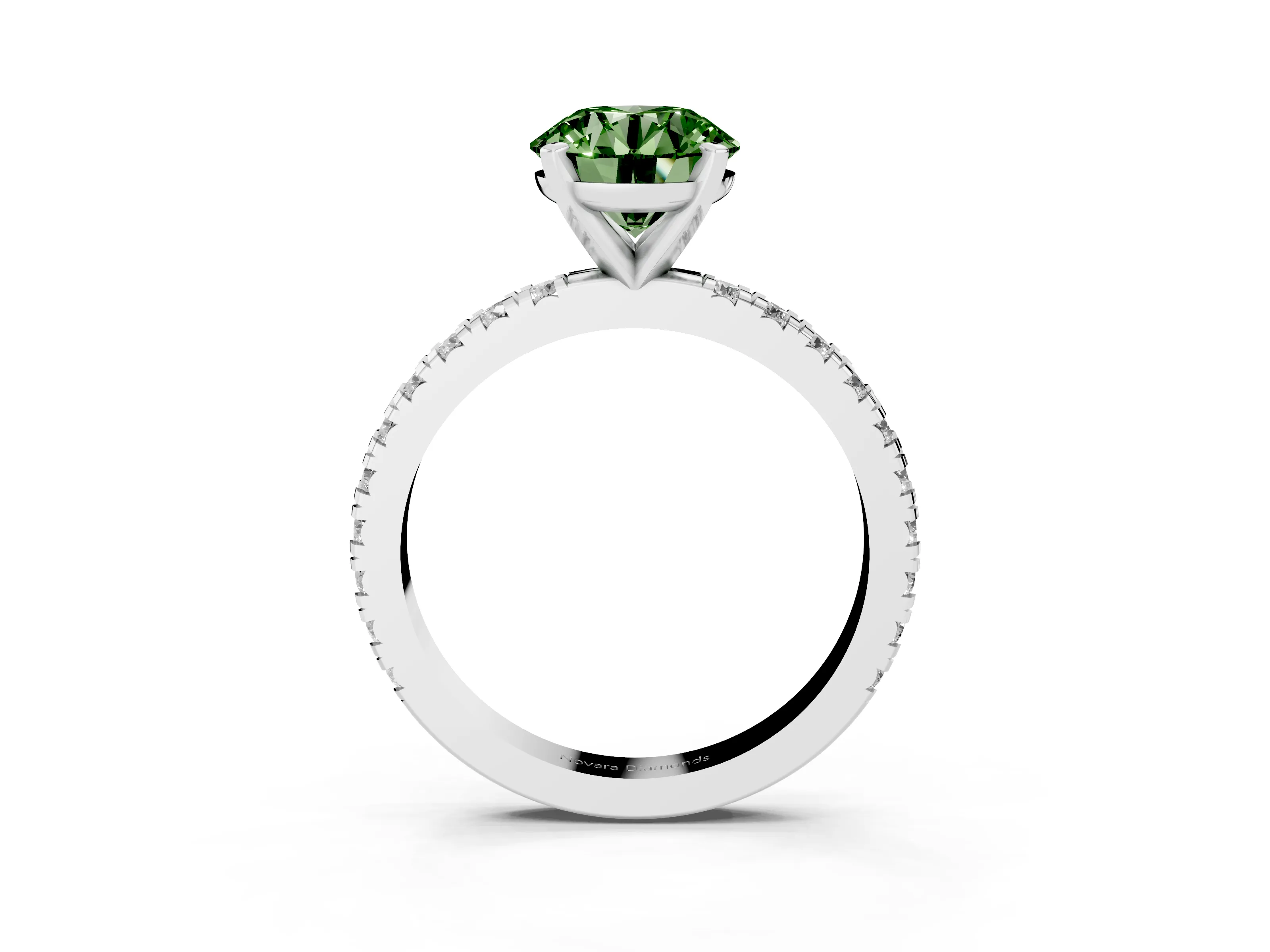 Fancy Green Round Cut Diamond Pavé Band Solitaire Set in Silver with Prong Setting