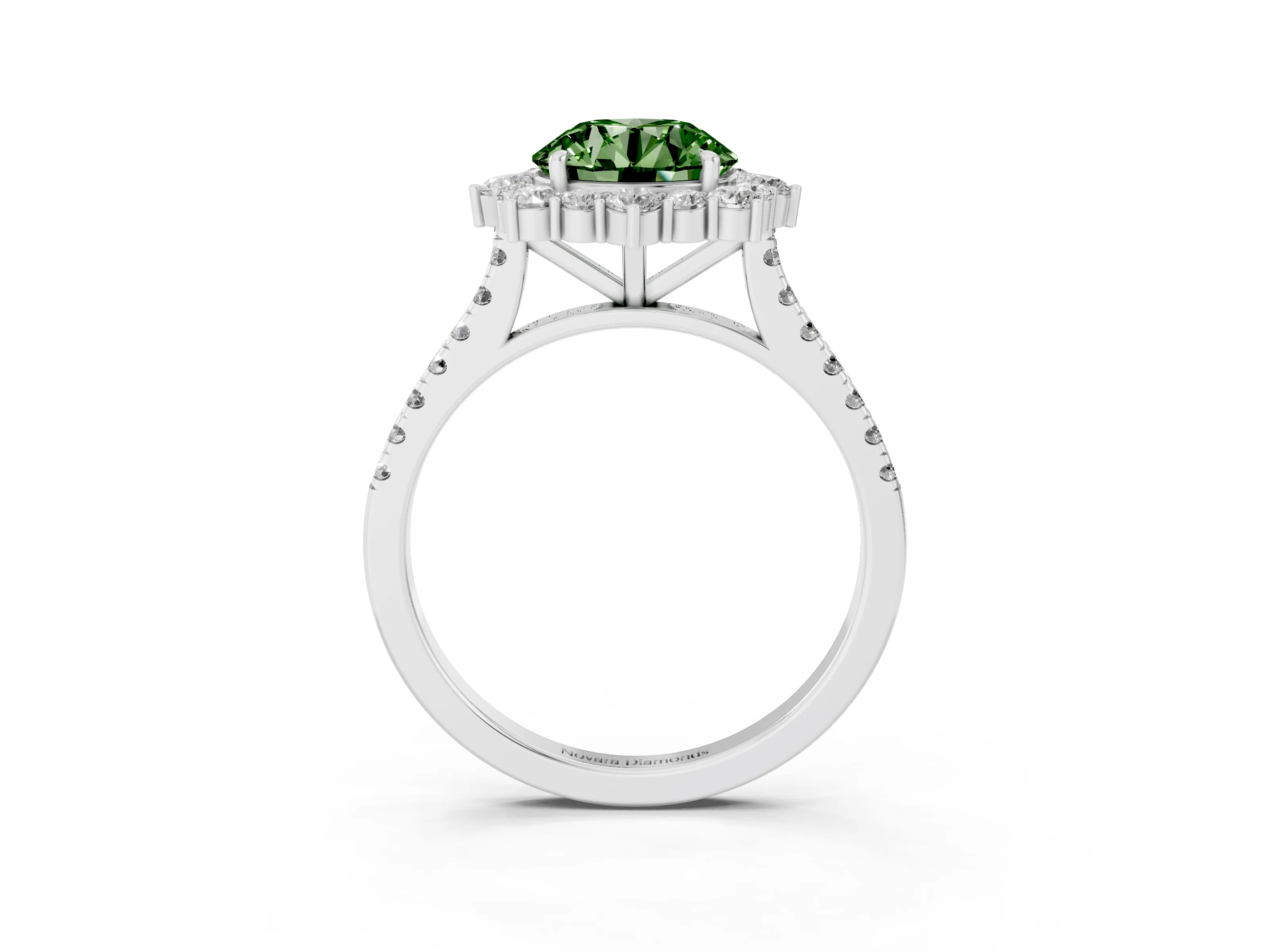 Fancy Green Round Cut Diamond Halo Ring Set in Silver with Pavé Band and Prong Setting