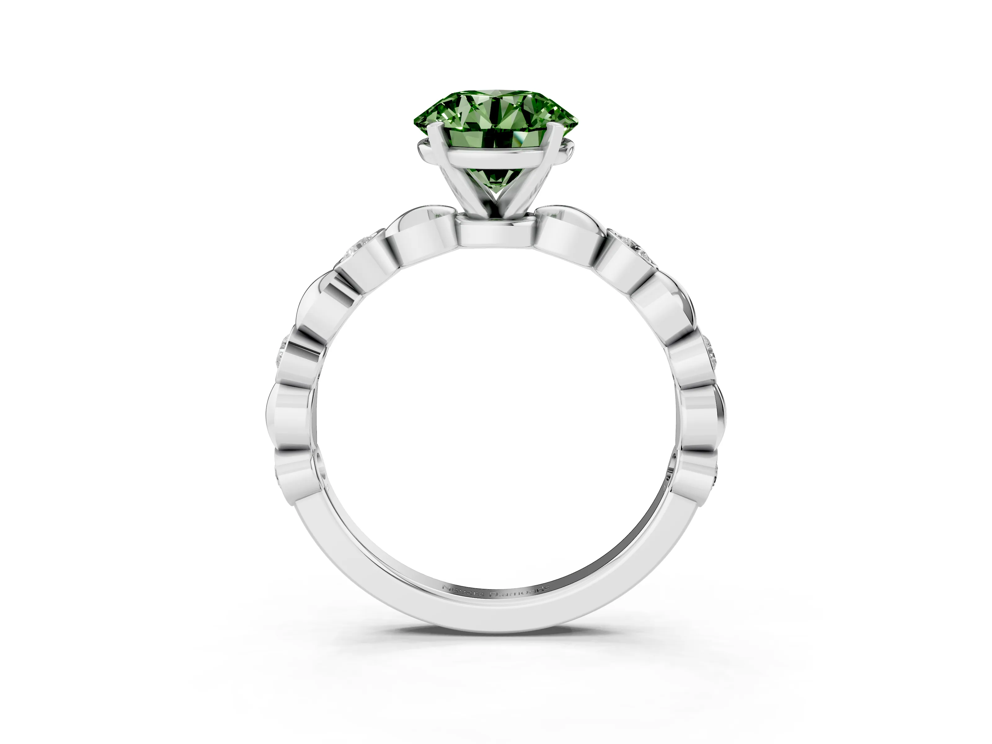 Fancy Green Round Cut Diamond Solitaire Ring Set in Silver with Bezel-Set Accents on Beaded Band and Prong Setting