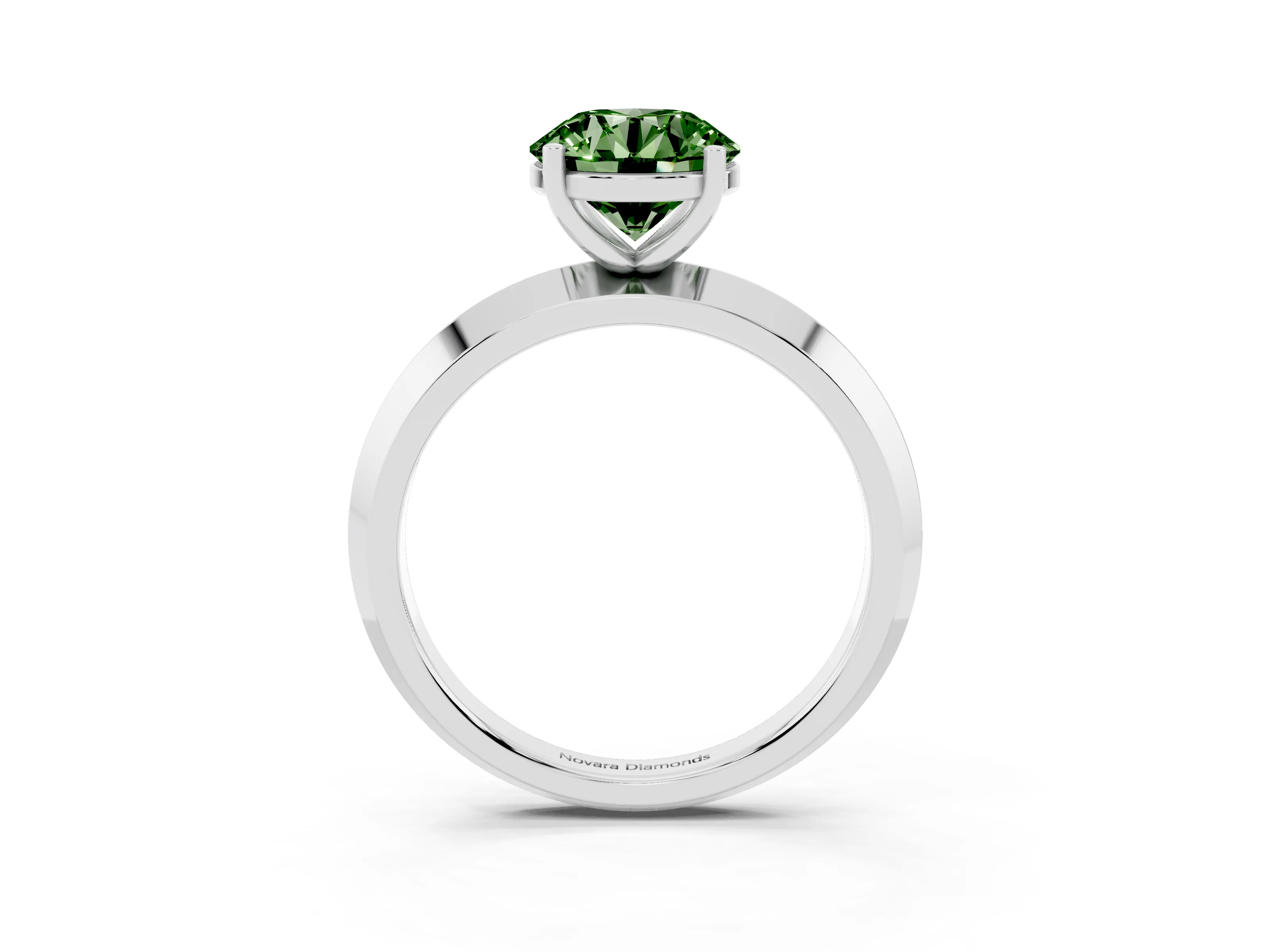 Fancy Green Round Cut Diamond Solitaire Engagement Ring Set in White gold with Flat Band and Prong Setting