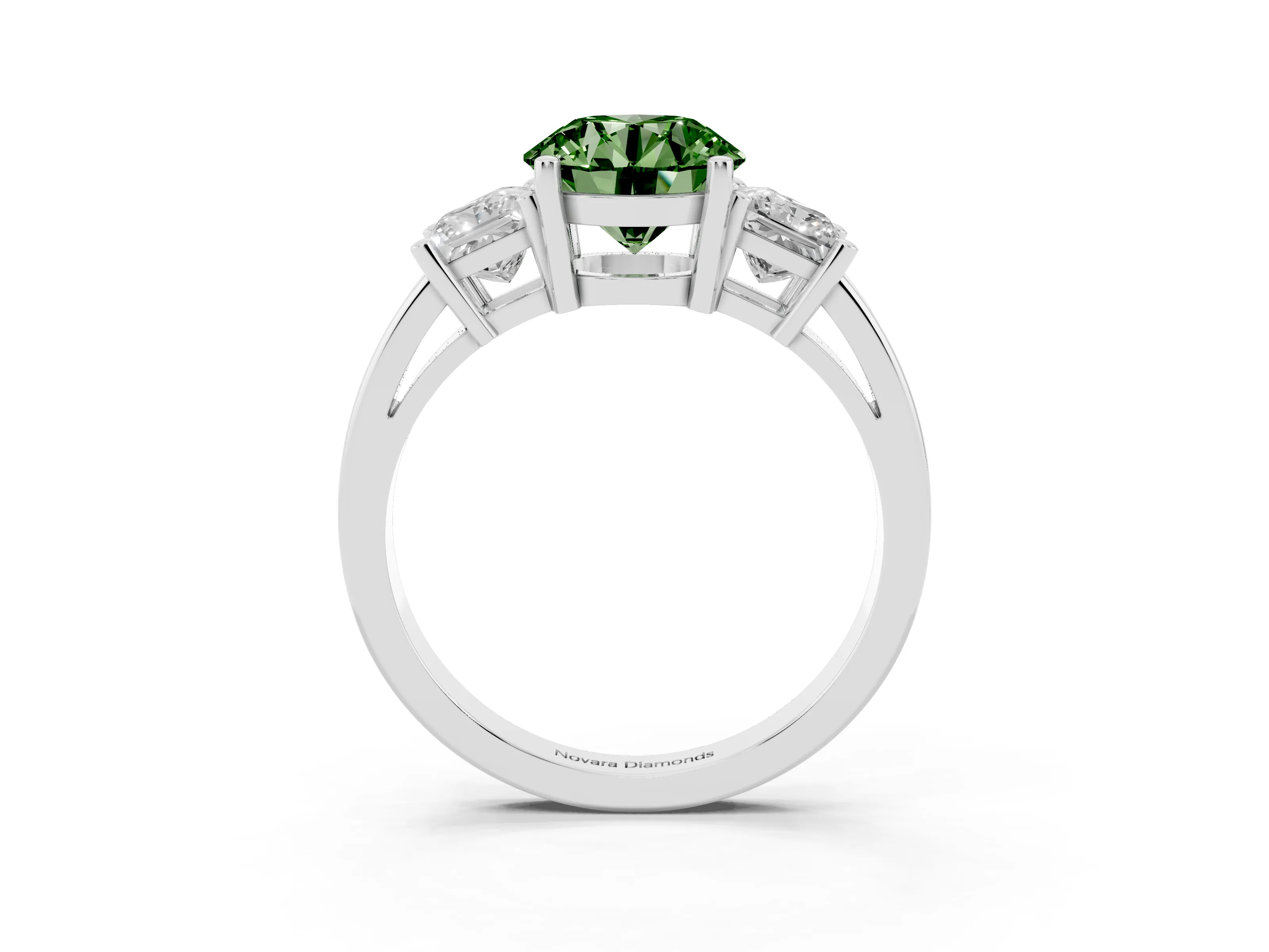 Fancy Green Three-Stone Round Cut Diamond Solitaire Ring Set in White gold with Prong Setting