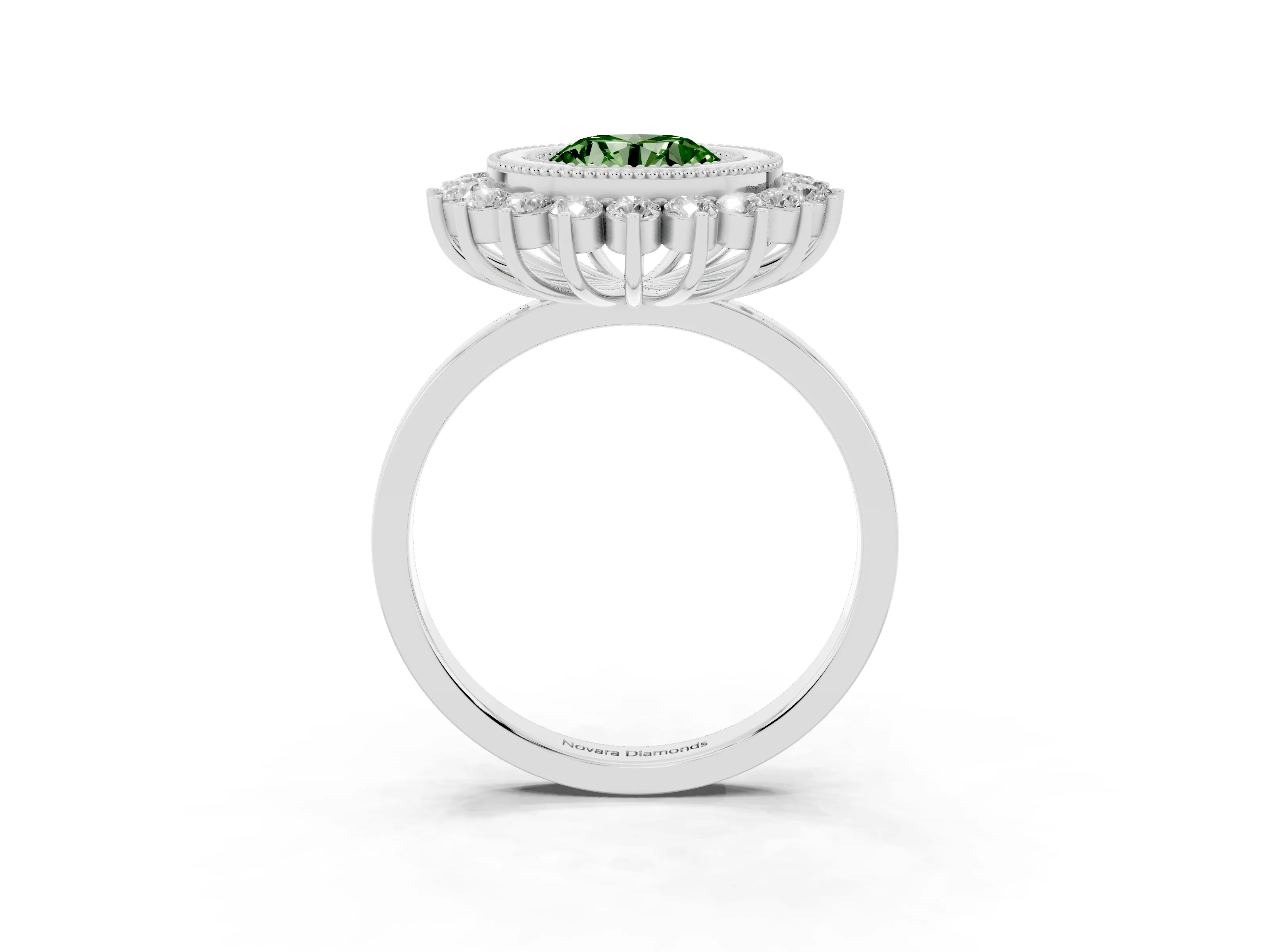 Fancy Green Round Cut Diamond Halo Ring Set in Silver with Milgrain Edge and Round Prong Setting