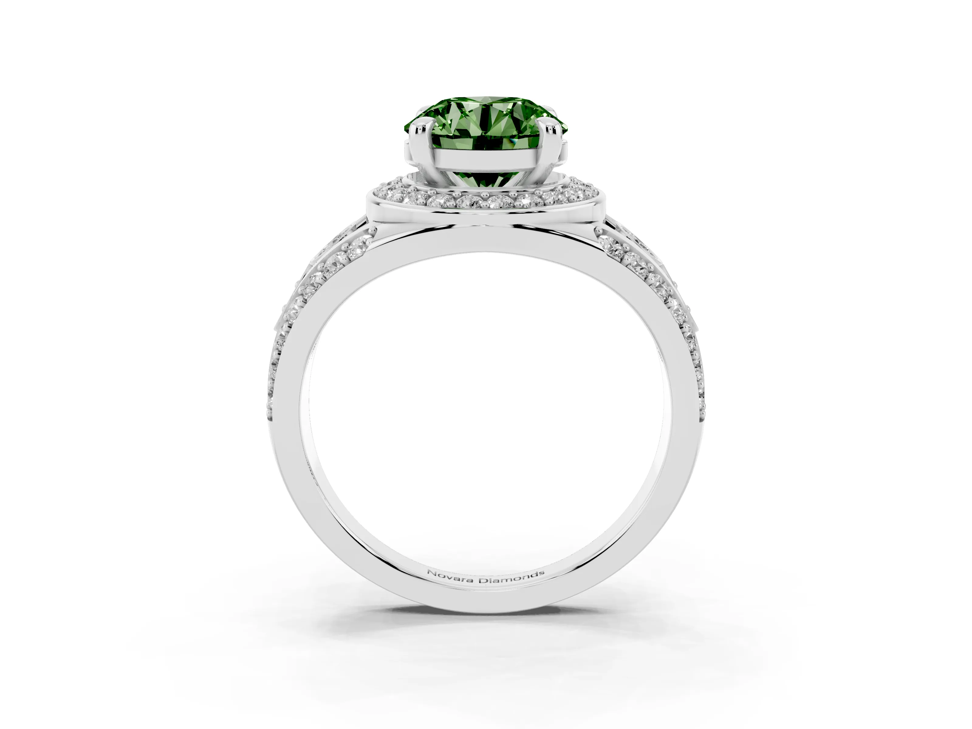 Fancy Green Round Cut Diamond Halo Ring Set in Silver with Pavé Split Shank and Bezel Accents