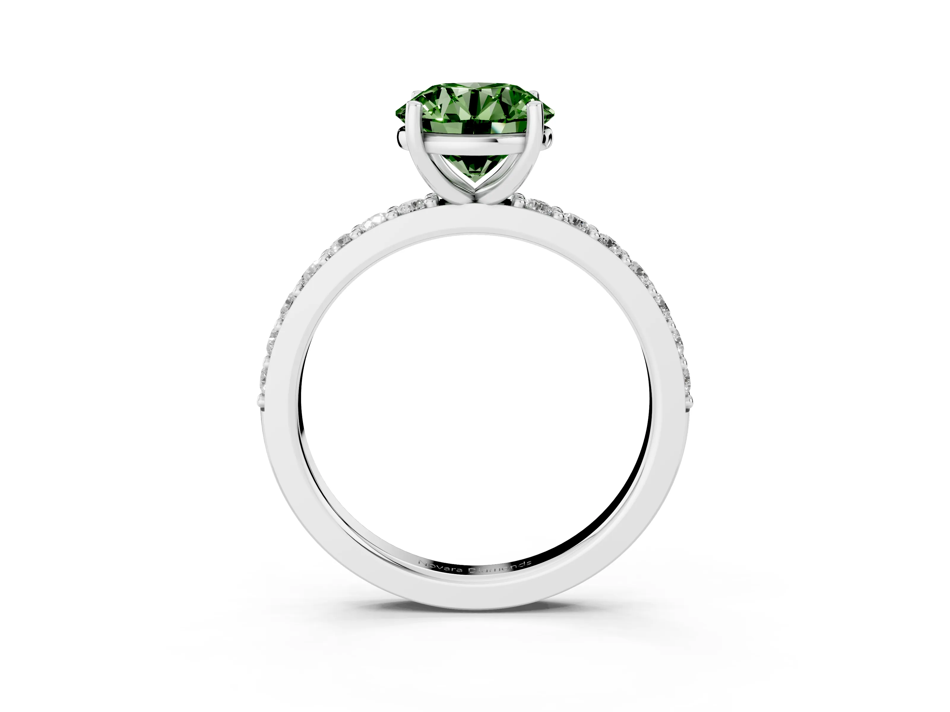 Fancy Green Round Cut Diamond Solitaire Set in Platinum with Round Pavé Band and Prong Setting
