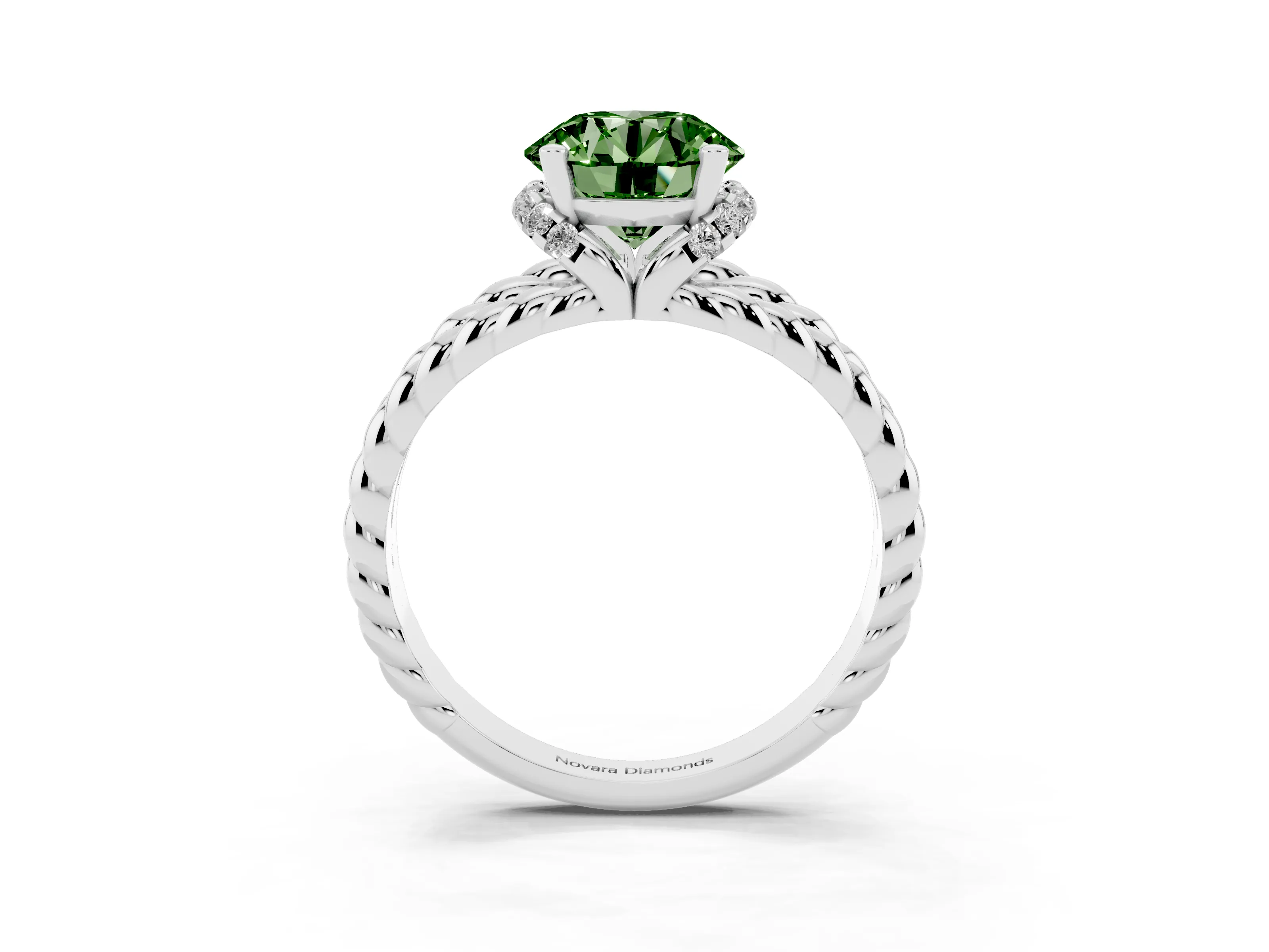 Fancy Green Round Cut Diamond Halo Ring Set in White gold with Twisted Band and Prong Setting
