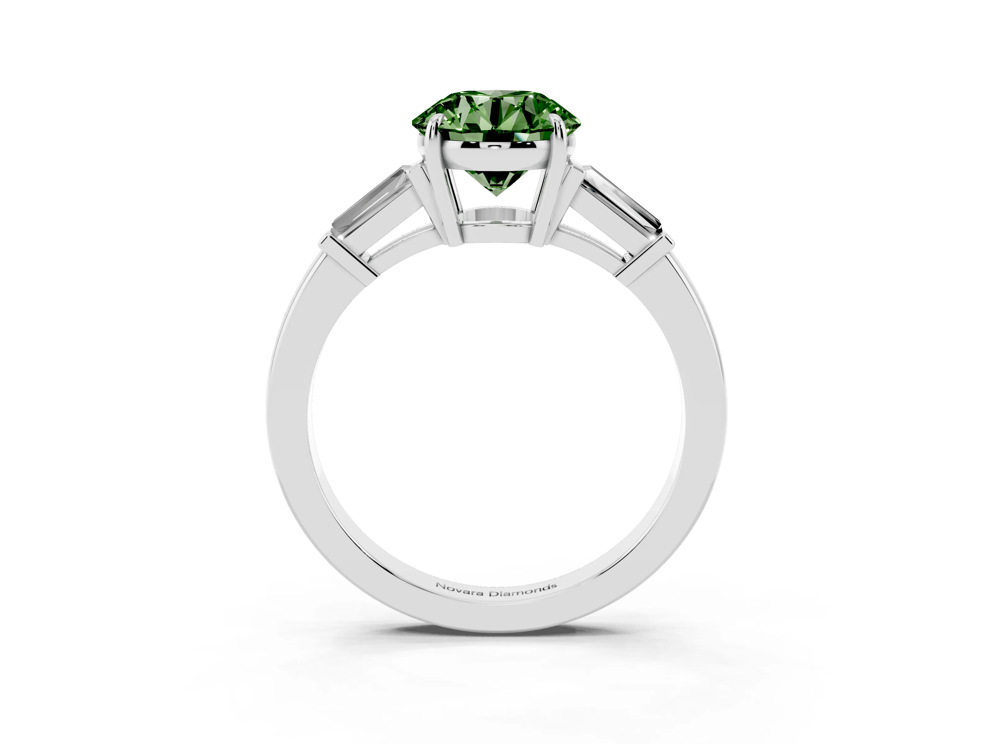 Fancy Green Round Cut Diamond Three-Stone Ring Set in White gold with Tapered Baguette Side Stones and Prong Setting