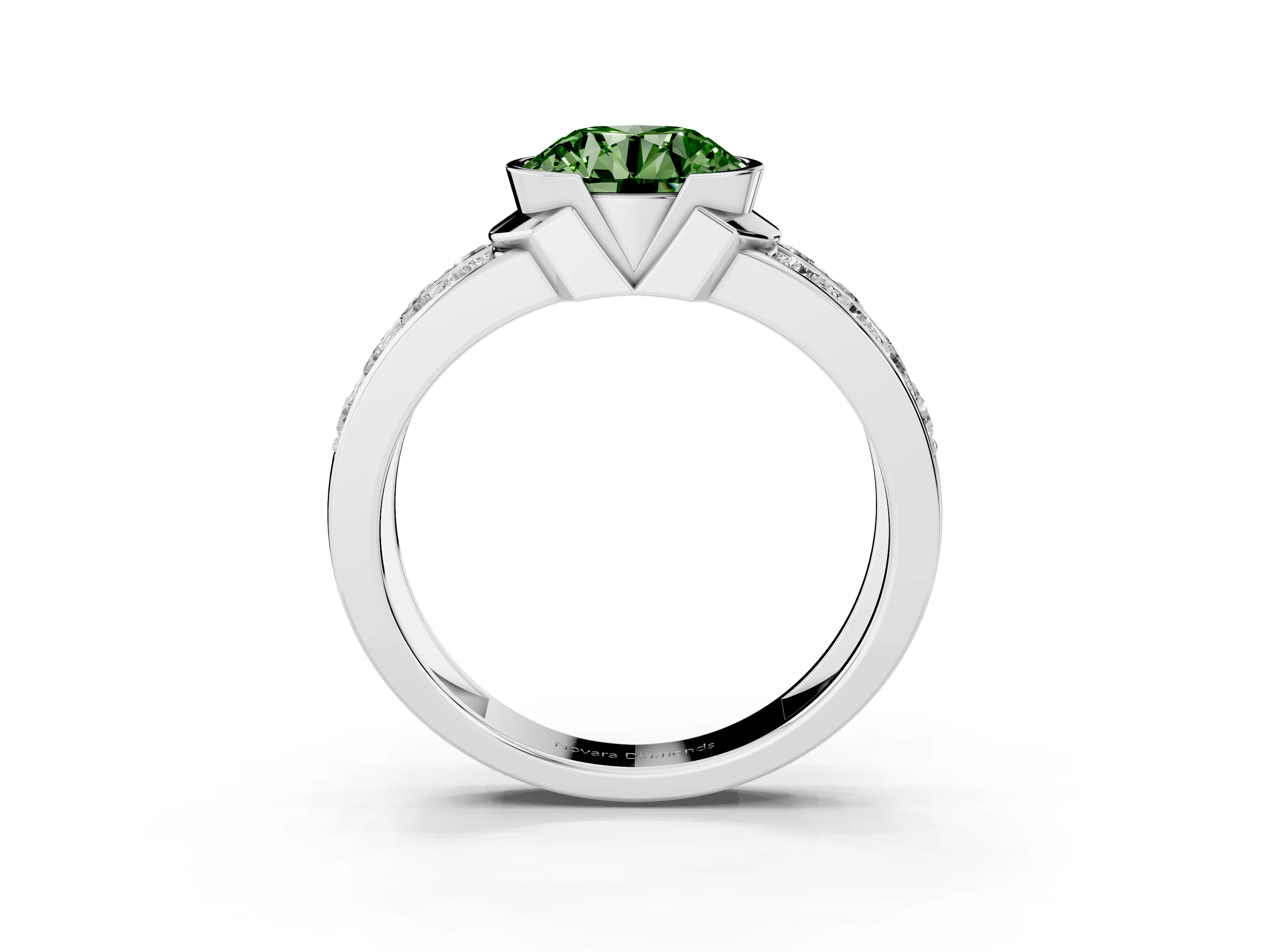 Fancy Green Round Cut Diamond Wide Channel Set Band Ring Set in Platinum with Bezel Setting