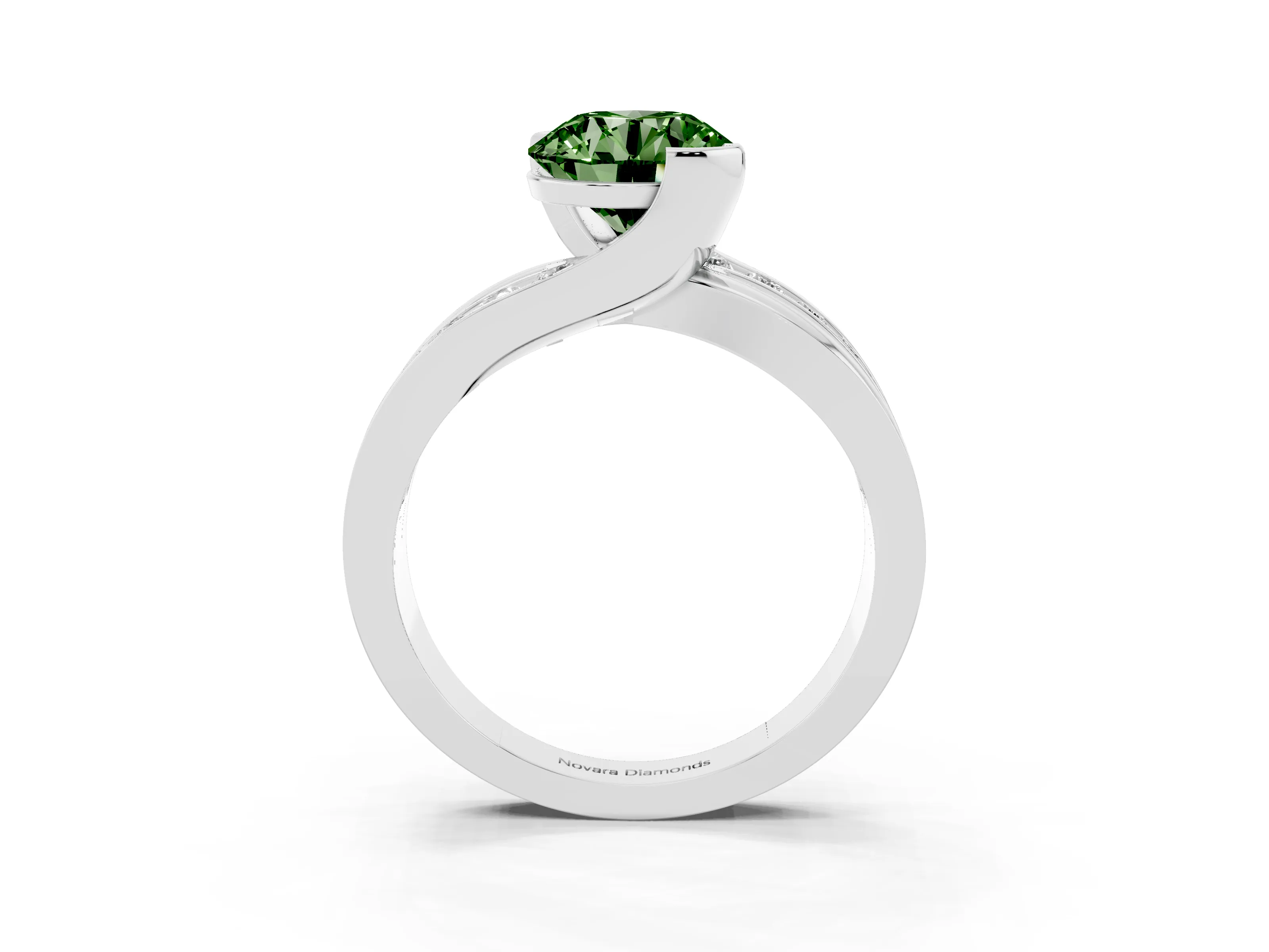 Fancy Green Round Cut Diamond Solitaire Ring Set in Silver with Channel Set Split Shank and Tension Prongs