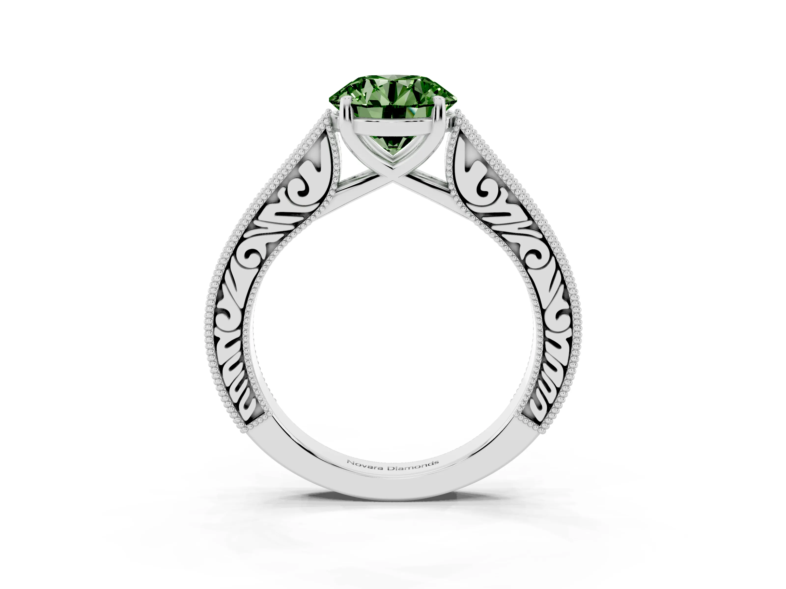 Fancy Green Round Cut Diamond Milgrain Pavé Band Solitaire Ring Set in Silver with Prong Setting