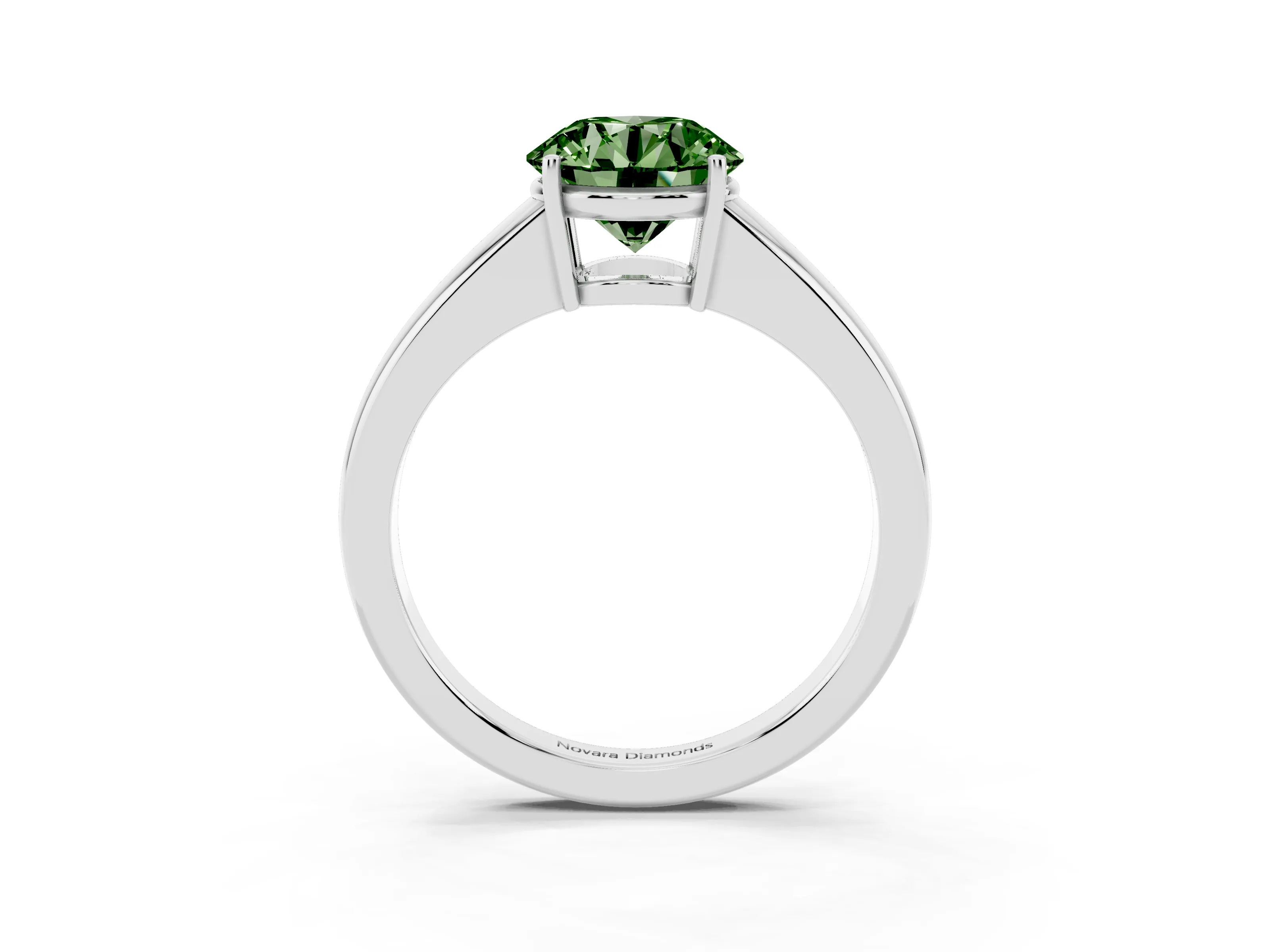Fancy Green Round Cut Diamond Solitaire Ring Set in Silver with Tapered Band and Prong Setting