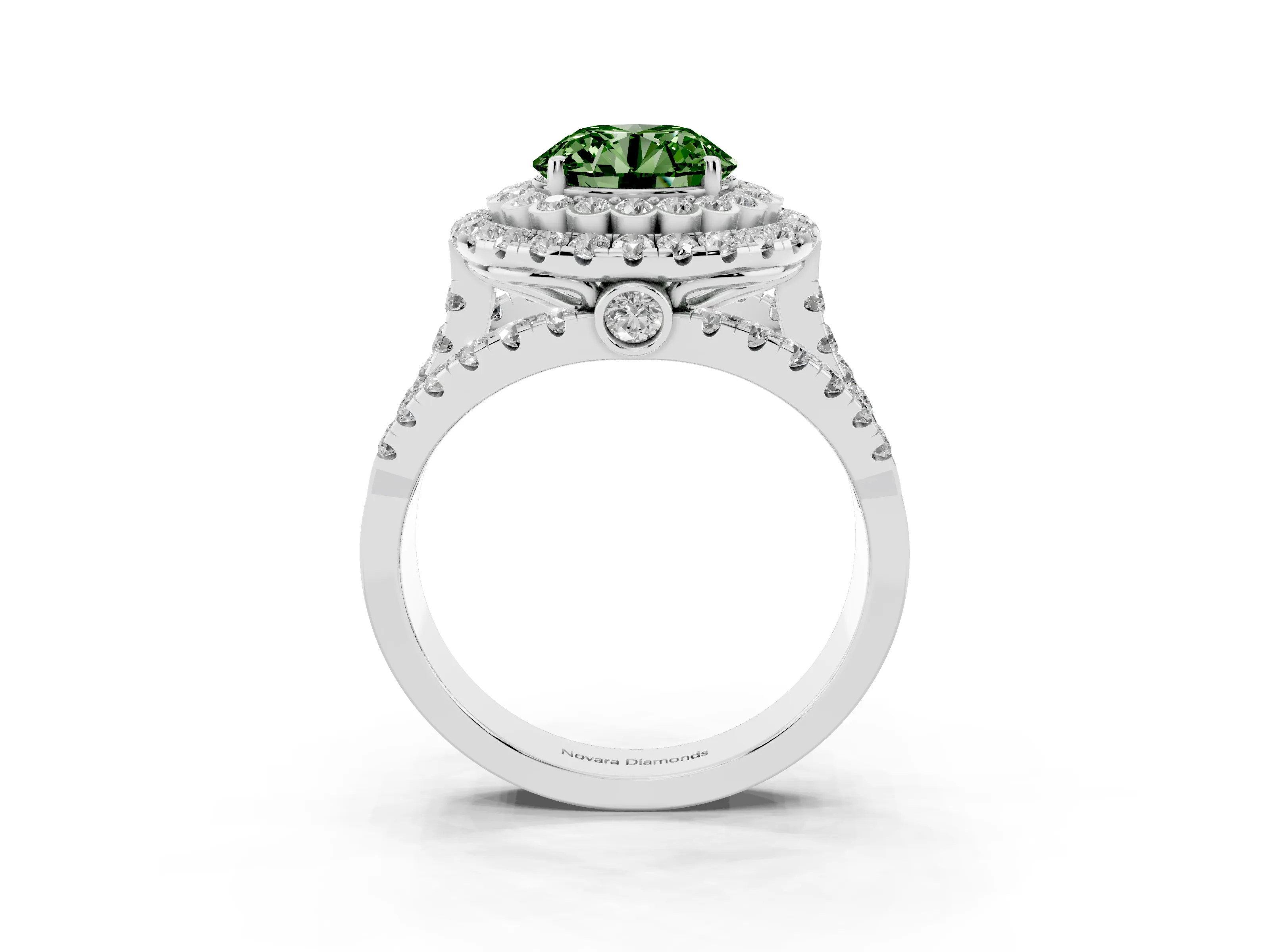 Fancy Green Round Cut Diamond Double Halo Ring Set in Silver with Round Pavé Split Shank