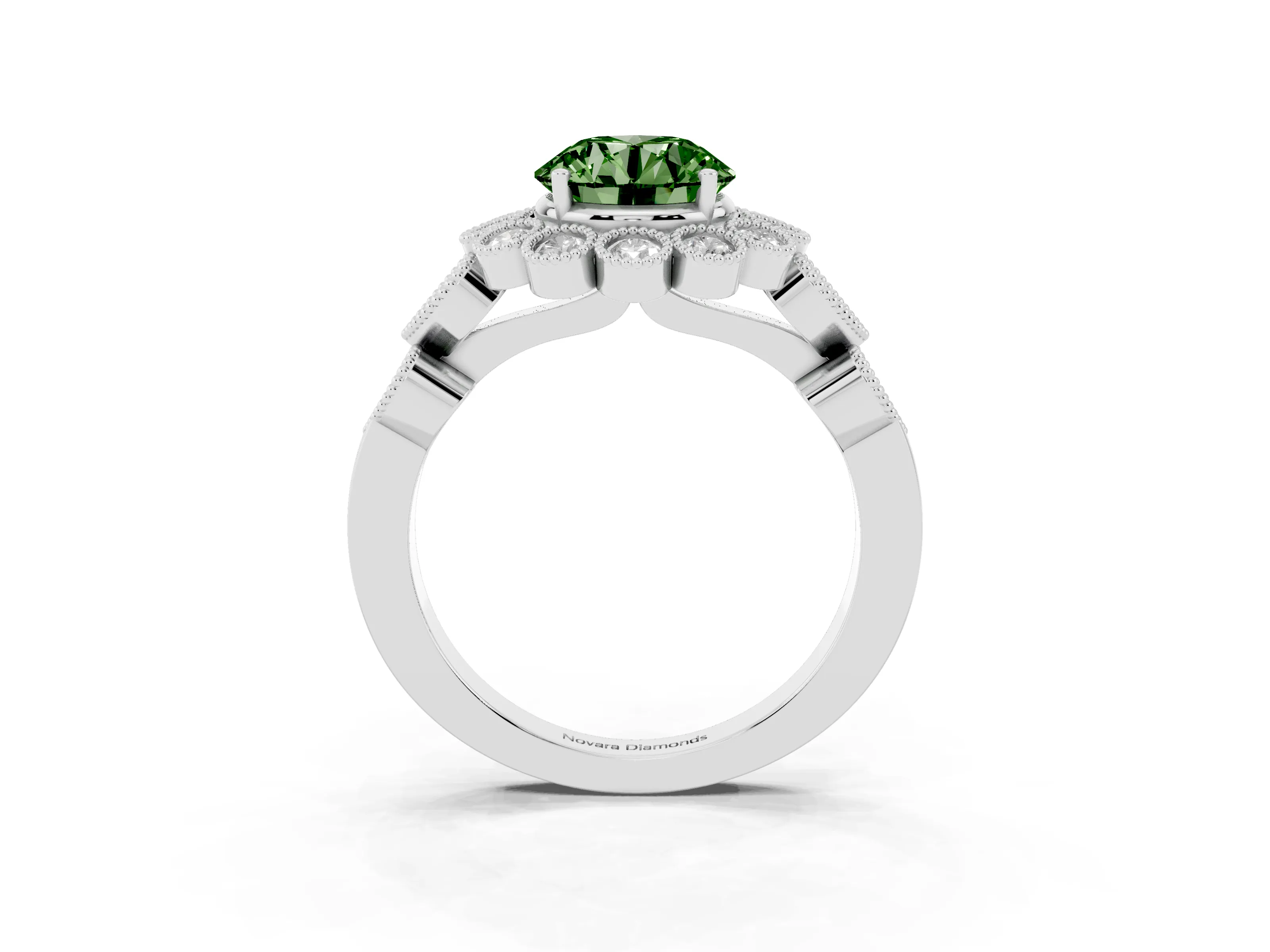 Fancy Green Round Cut Diamond Solitaire Ring Set in White gold with Milgrain Pavé Heart Band