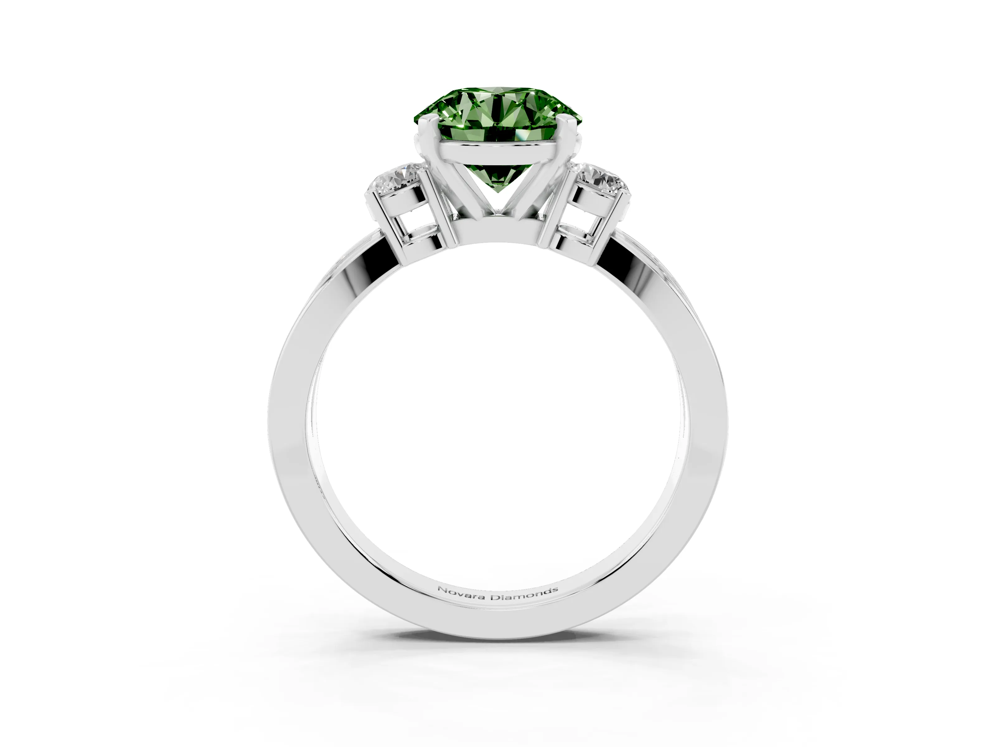 Fancy Green Three-Stone Round Cut Diamond Twist Band Ring Set in Silver with Pavé Accents and Prong Setting