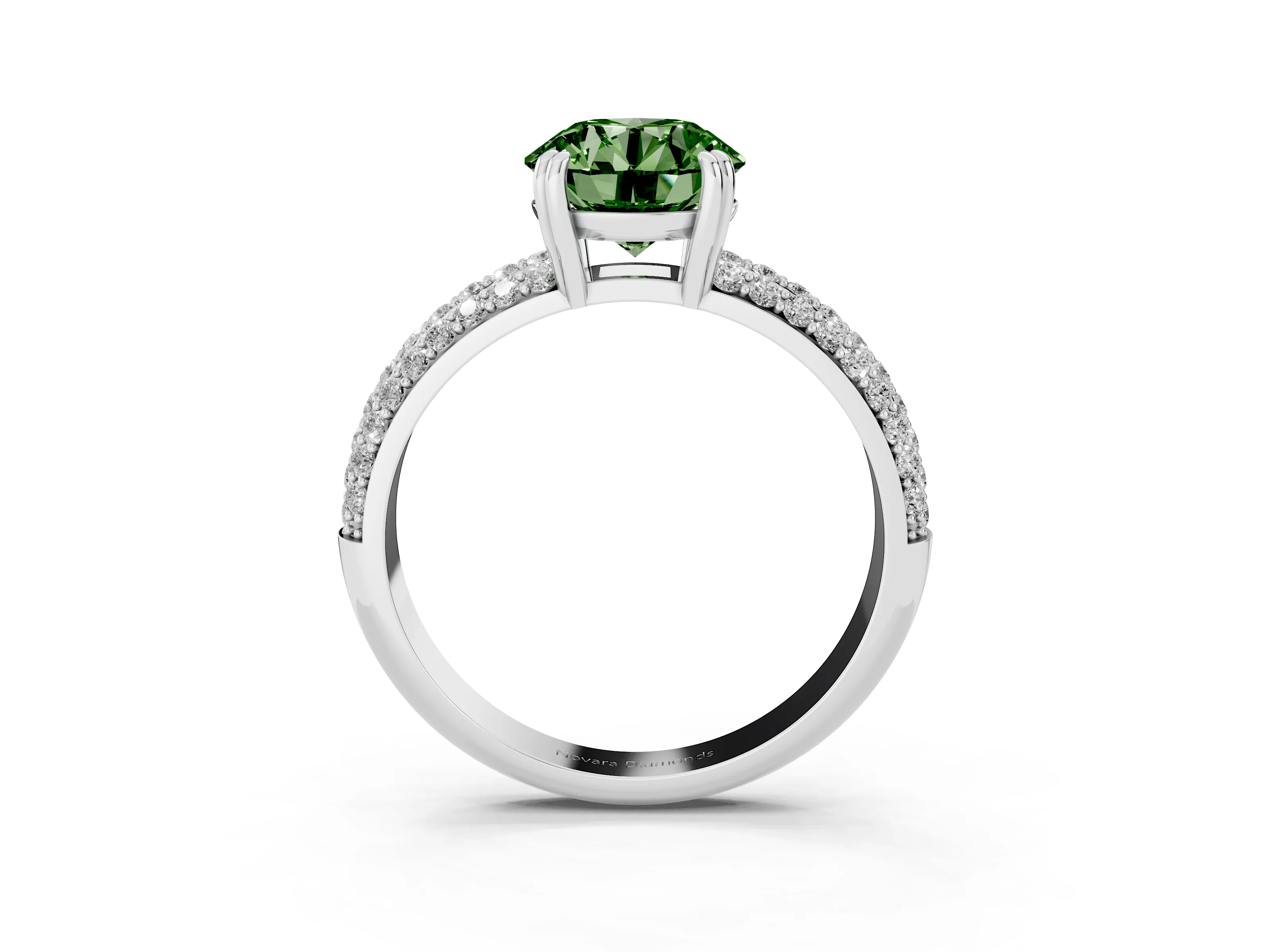 Fancy Green Round Cut Diamond Solitaire Ring Set in Silver with Multi-Row Round Pavé Band and Prong Setting